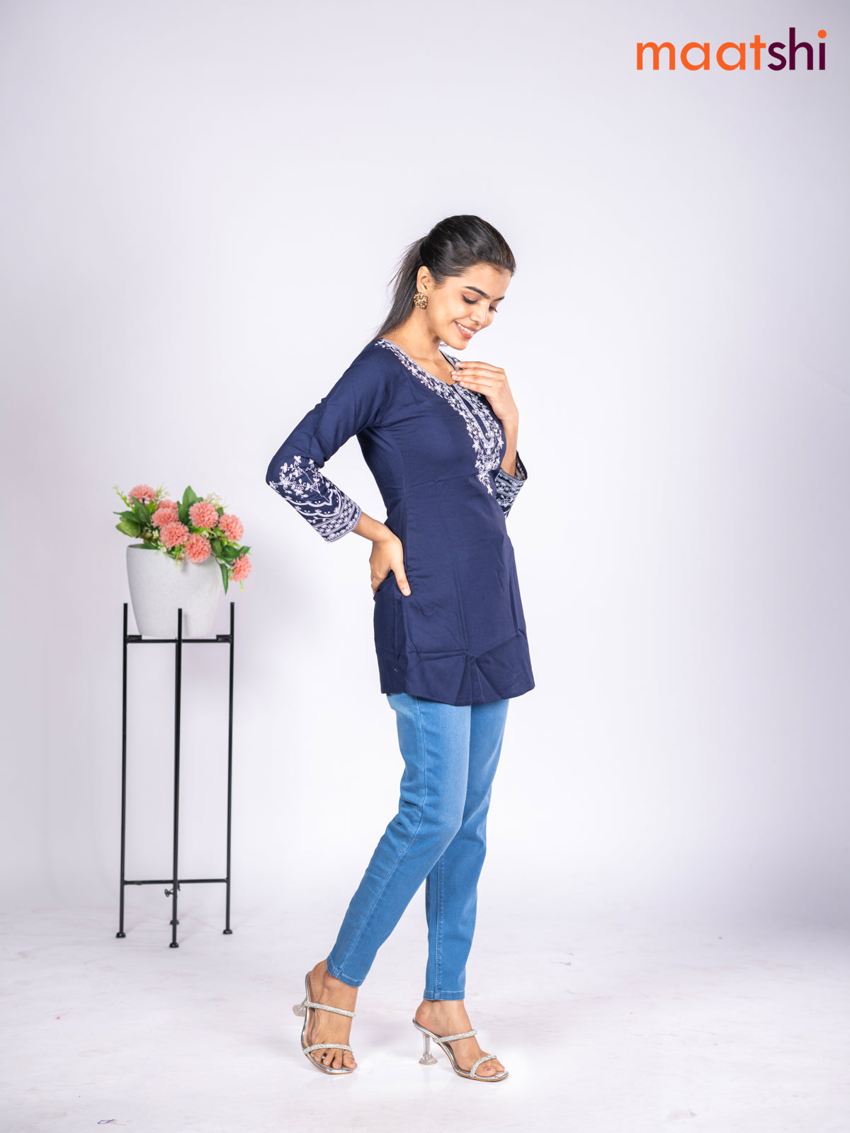 Rayon short kurti navy blue with embroidery work neck pattern without pant