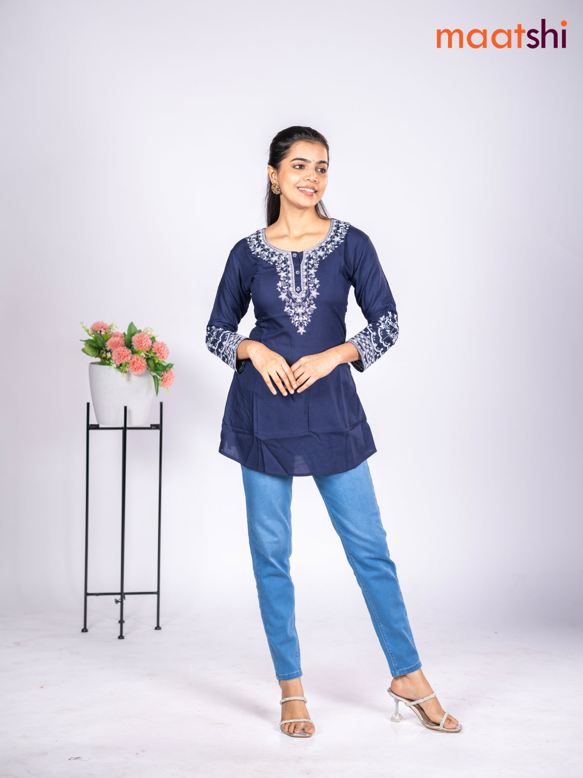 Rayon short kurti navy blue with embroidery work neck pattern without pant