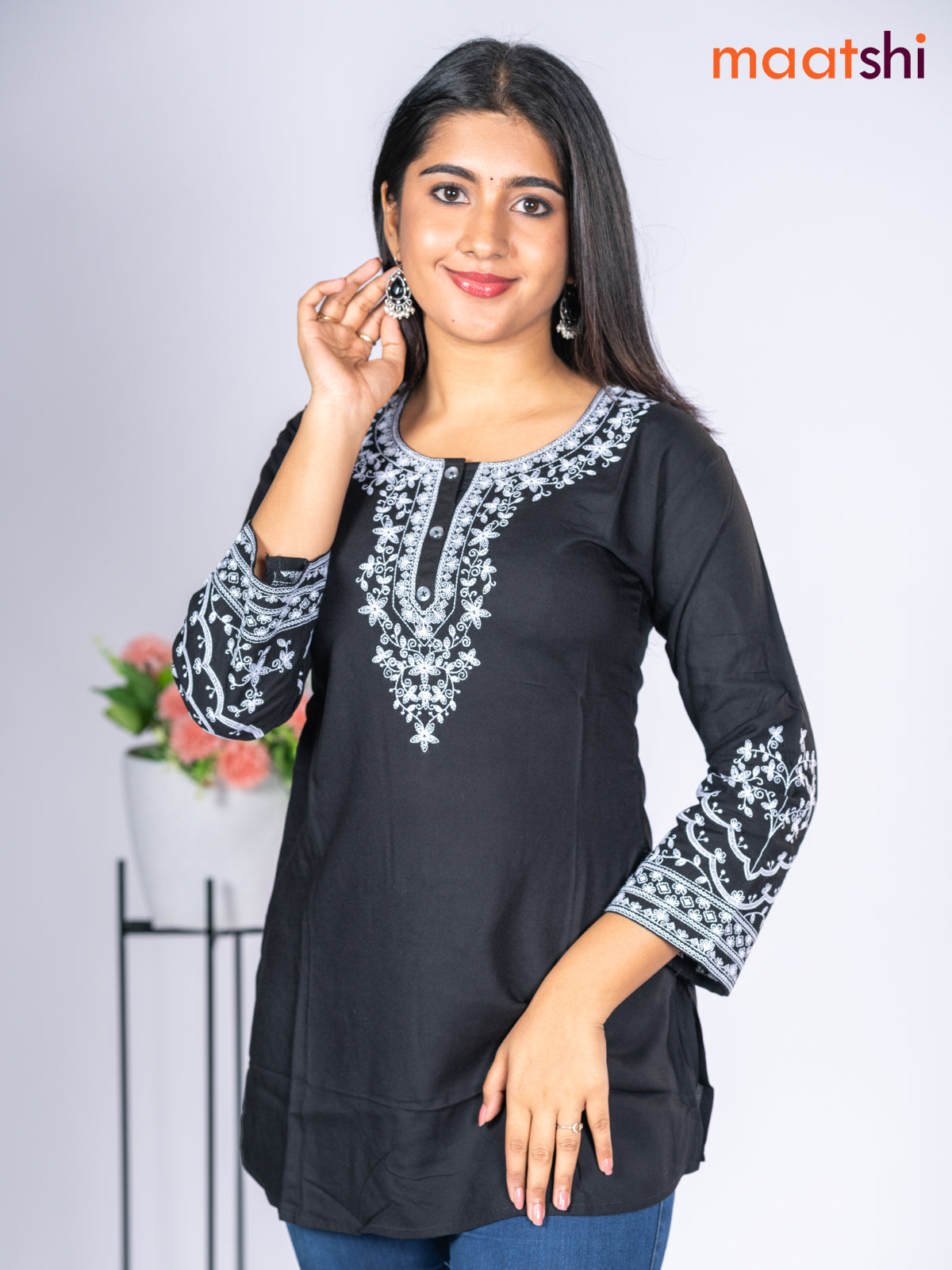 Rayon short kurti black with embroidery work neck pattern without pant