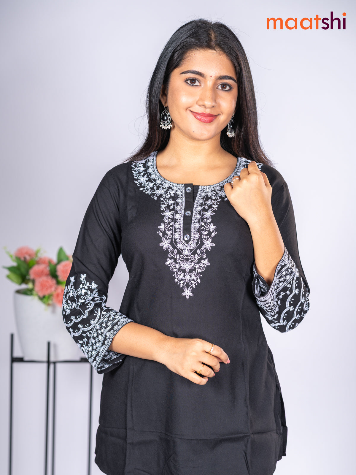 Rayon short kurti black with embroidery work neck pattern without pant
