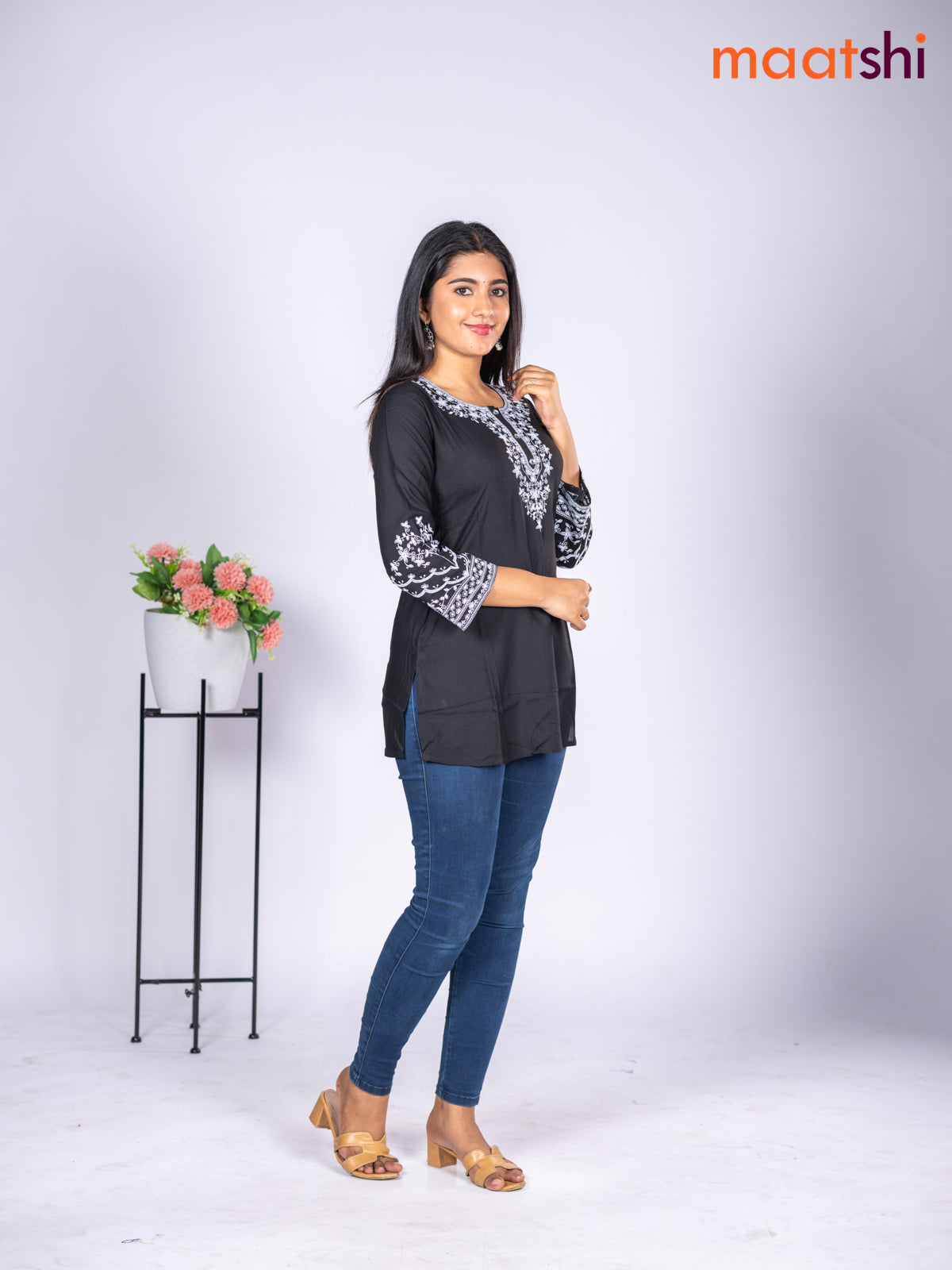 Rayon short kurti black with embroidery work neck pattern without pant