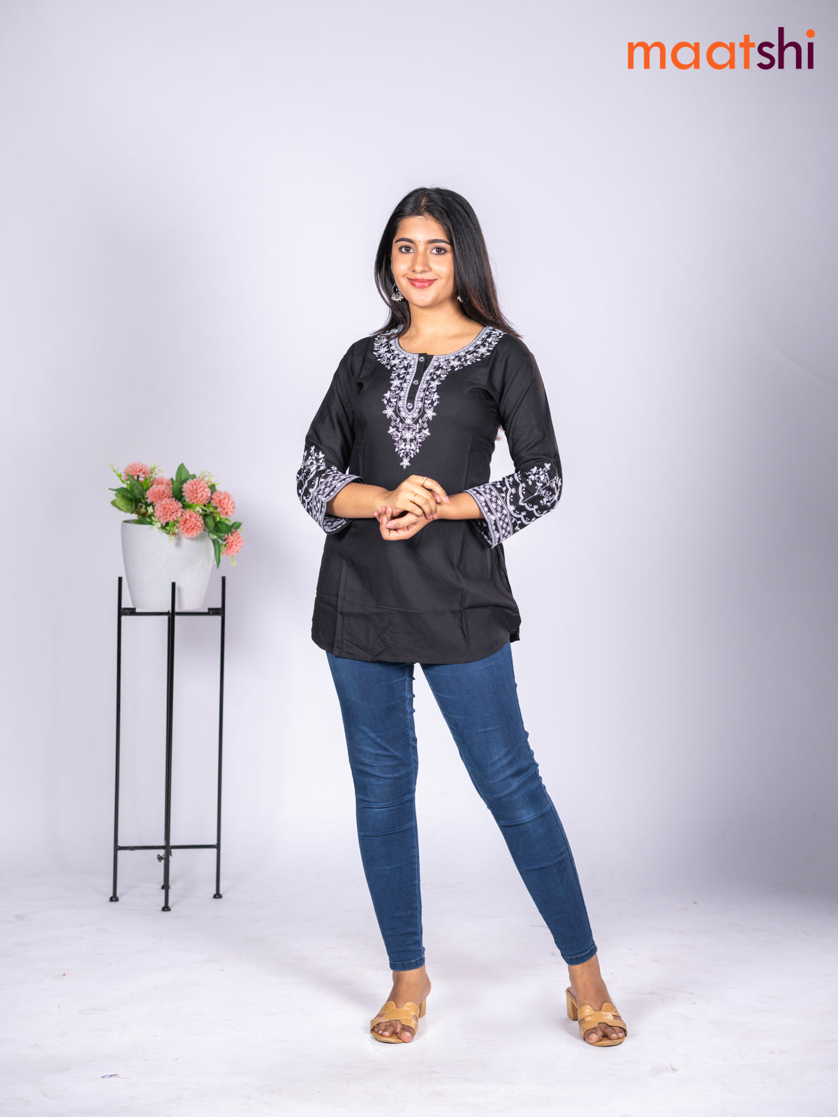 Rayon short kurti black with embroidery work neck pattern without pant