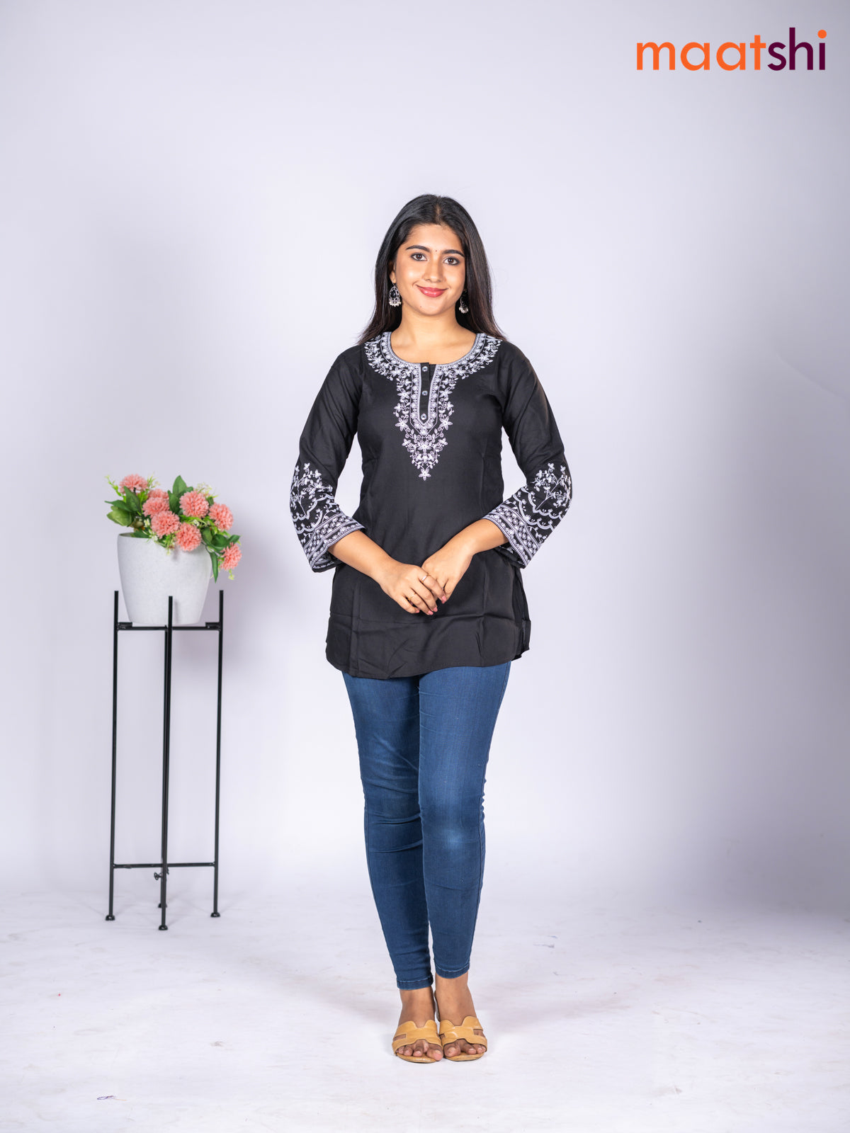 Rayon short kurti black with embroidery work neck pattern without pant