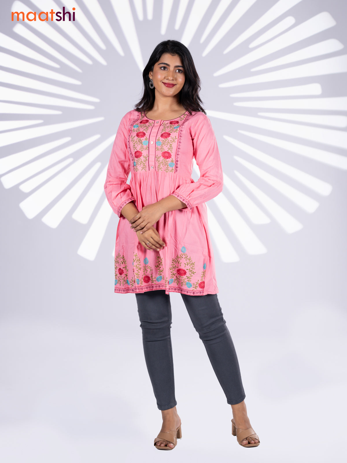 Cotton umbrella short kurti light pink with plain body & embroidery work neck pattern and without pant