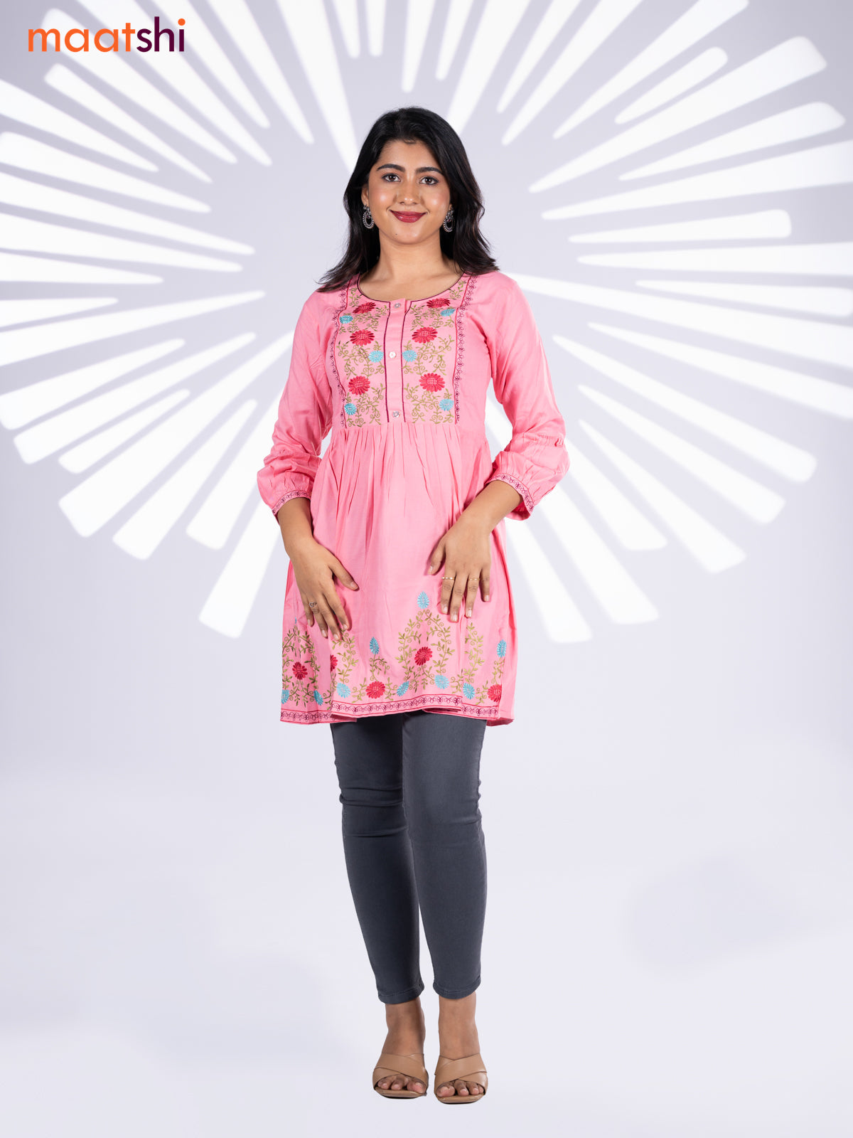 Cotton umbrella short kurti light pink with plain body & embroidery work neck pattern and without pant