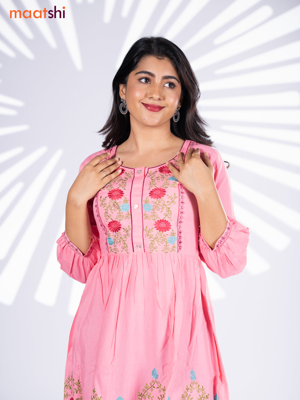 Cotton umbrella short kurti light pink with plain body & embroidery work neck pattern and without pant