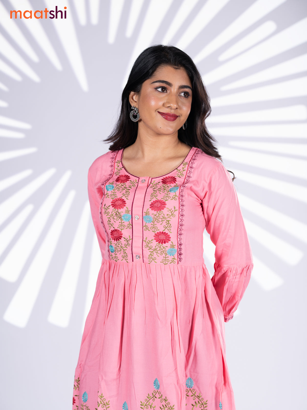 Cotton umbrella short kurti light pink with plain body embroidery wo