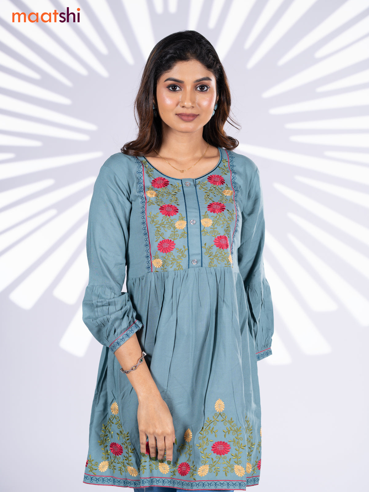 Cotton umbrella short kurti pastel shade with plain body & embroidery work neck pattern and without pant