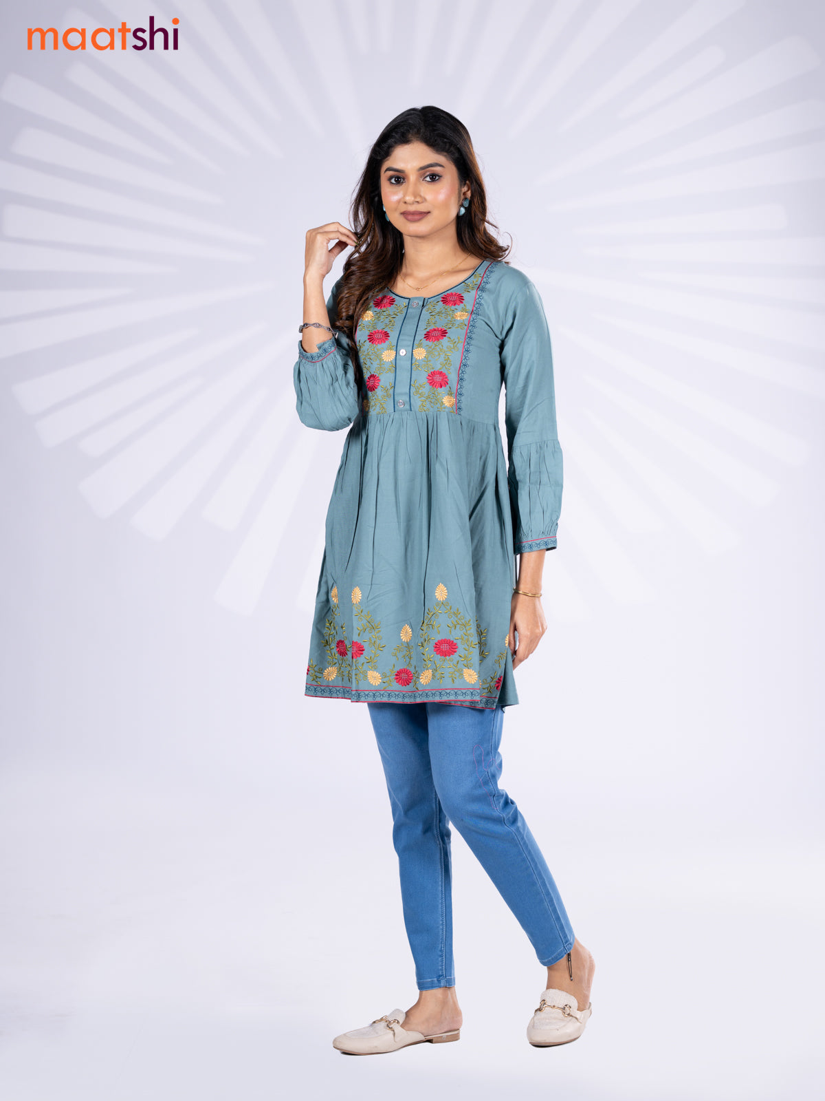 Cotton umbrella short kurti pastel shade with plain body & embroidery work neck pattern and without pant