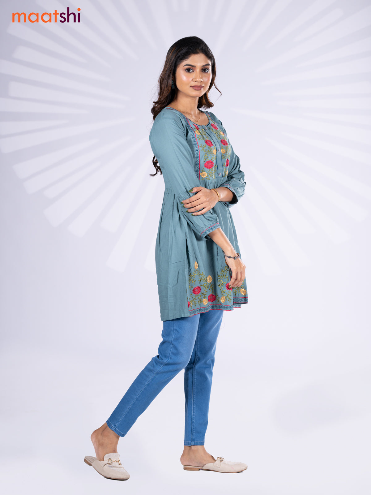 Cotton umbrella short kurti pastel shade with plain body & embroidery work neck pattern and without pant