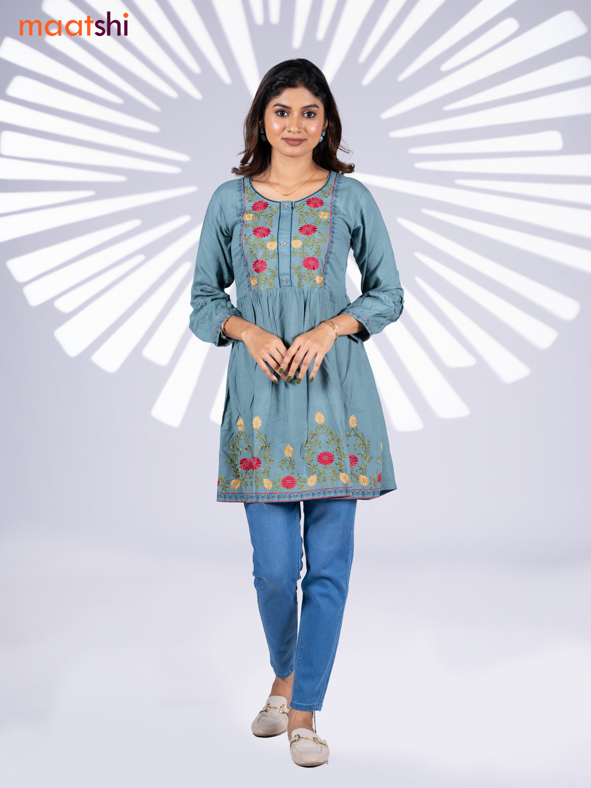 Cotton umbrella short kurti pastel shade with plain body & embroidery work neck pattern and without pant