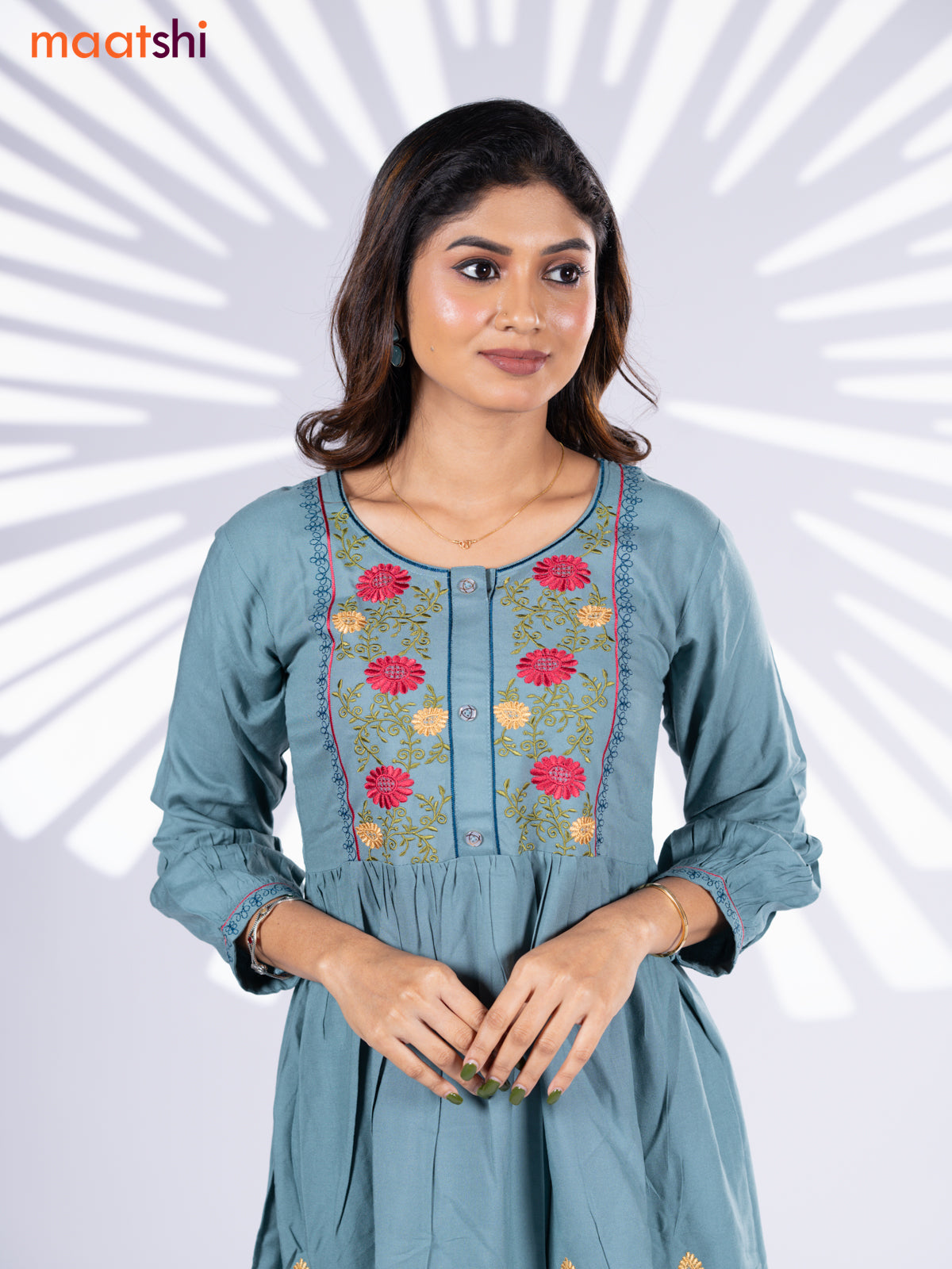 Cotton umbrella short kurti pastel shade with plain body & embroidery work neck pattern and without pant