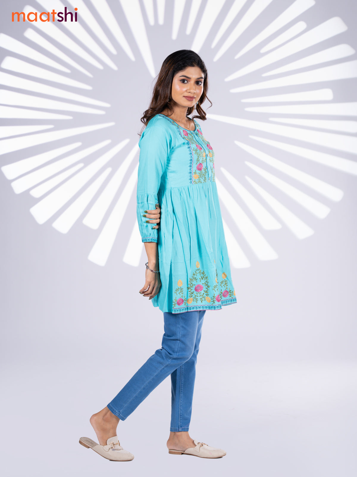 Cotton umbrella short kurti teal blue with plain body & embroidery work neck pattern and without pant