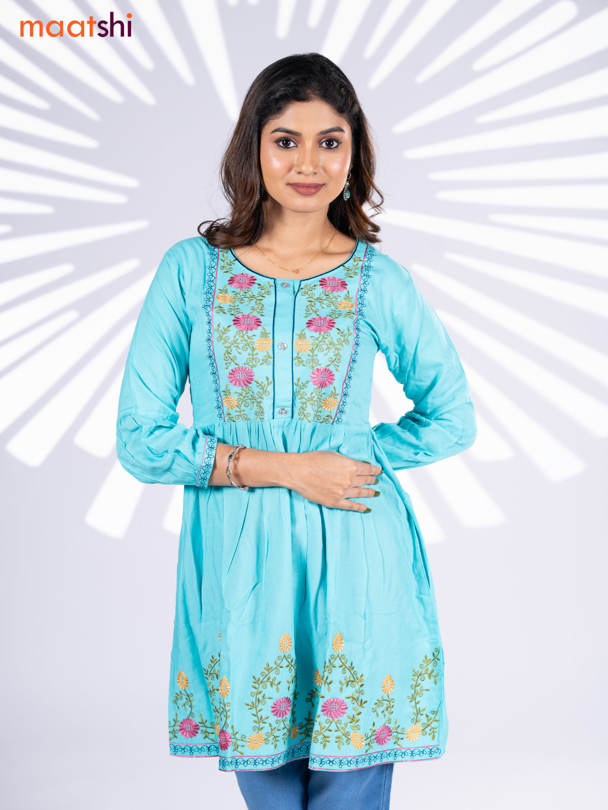 Cotton umbrella short kurti teal blue with plain body & embroidery work neck pattern and without pant