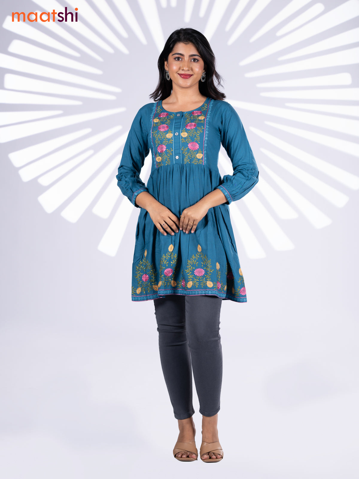 Cotton umbrella short kurti peacock blue with plain body & embroidery work neck pattern and without pant