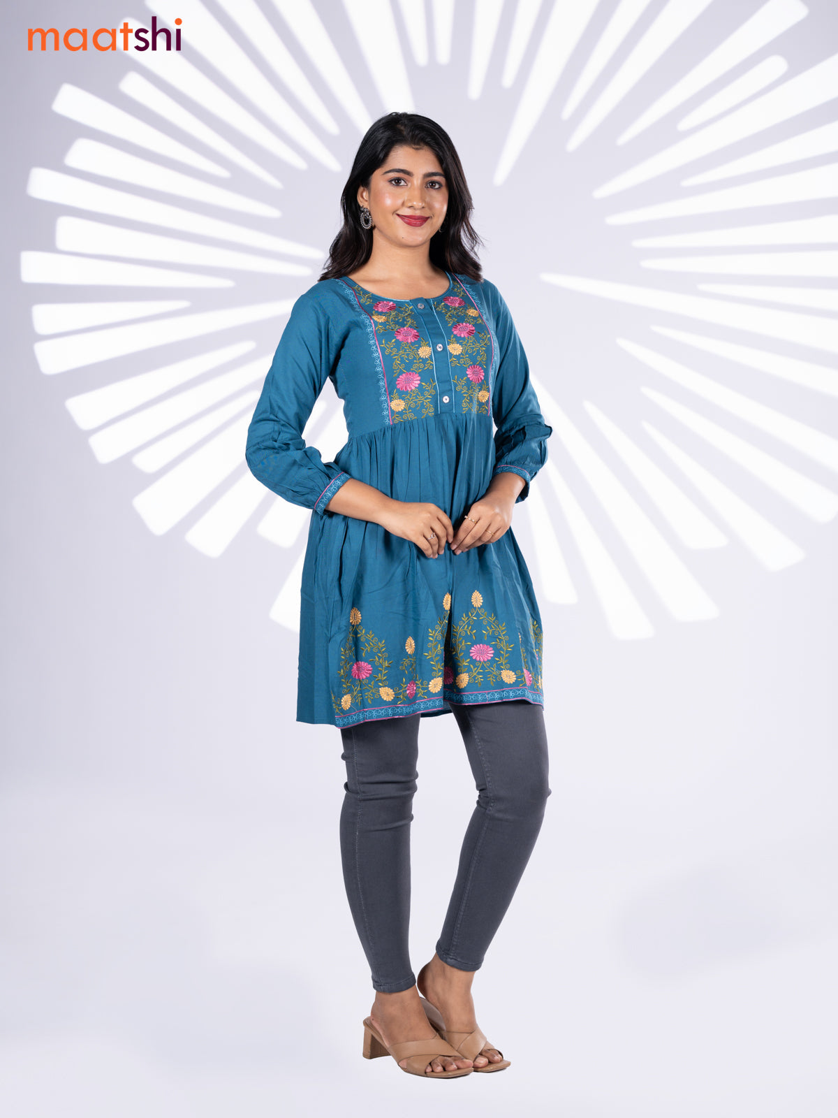 Cotton umbrella short kurti peacock blue with plain body & embroidery work neck pattern and without pant