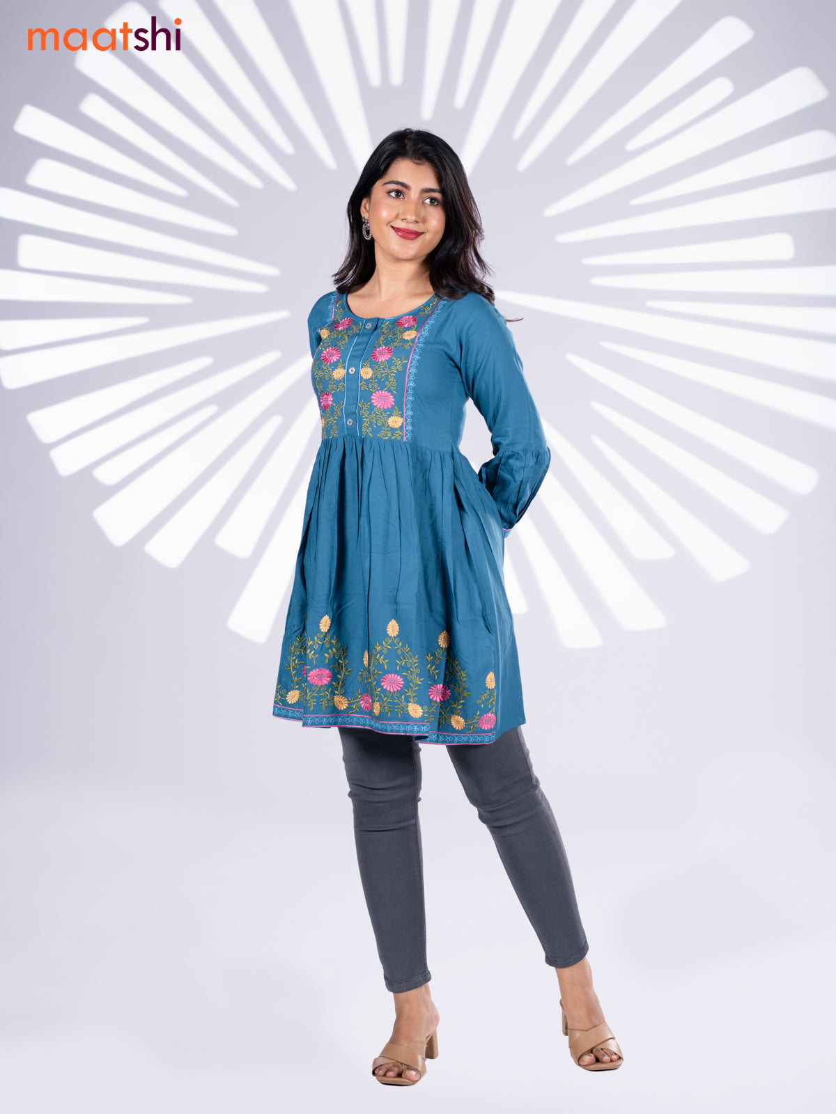 Cotton umbrella short kurti peacock blue with plain body & embroidery work neck pattern and without pant