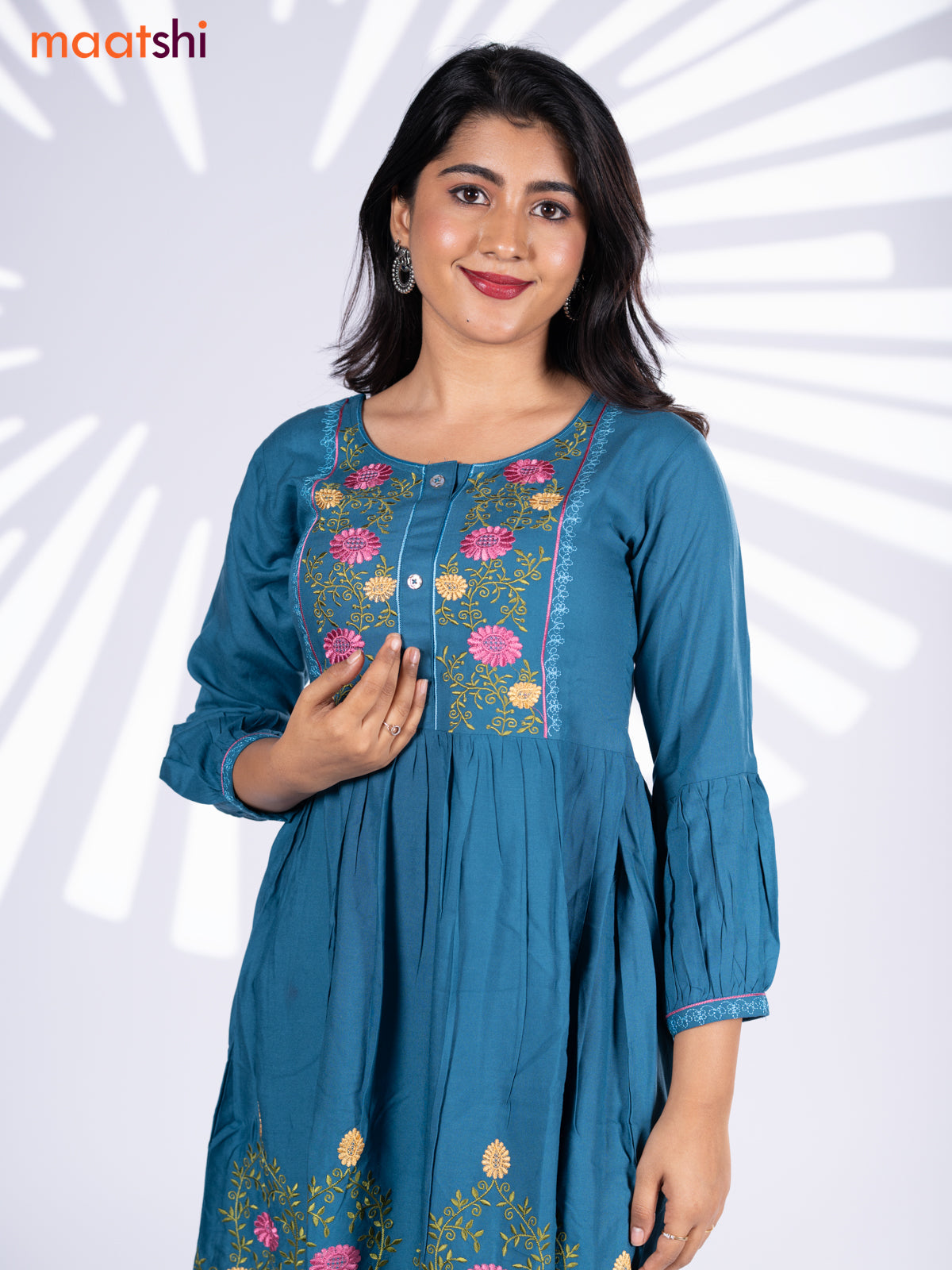 Cotton umbrella short kurti peacock blue with plain body & embroidery work neck pattern and without pant
