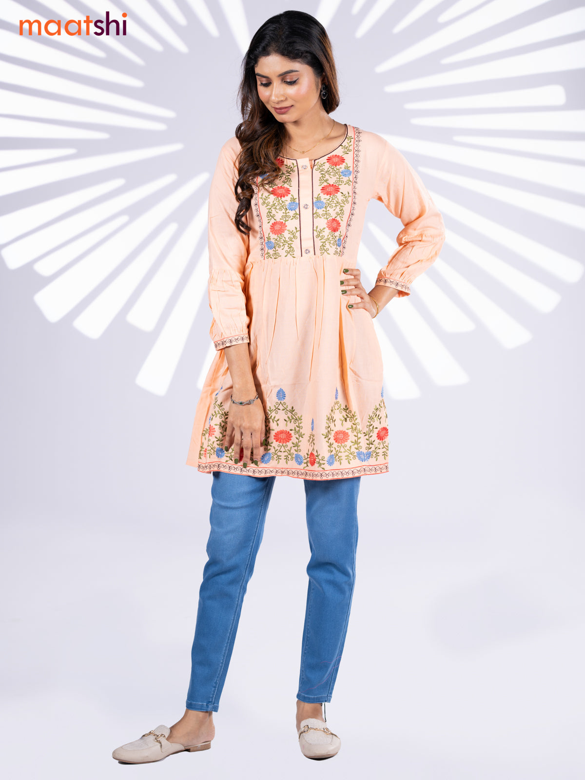 Cotton umbrella short kurti peach orange with plain body & embroidery work neck pattern and without pant