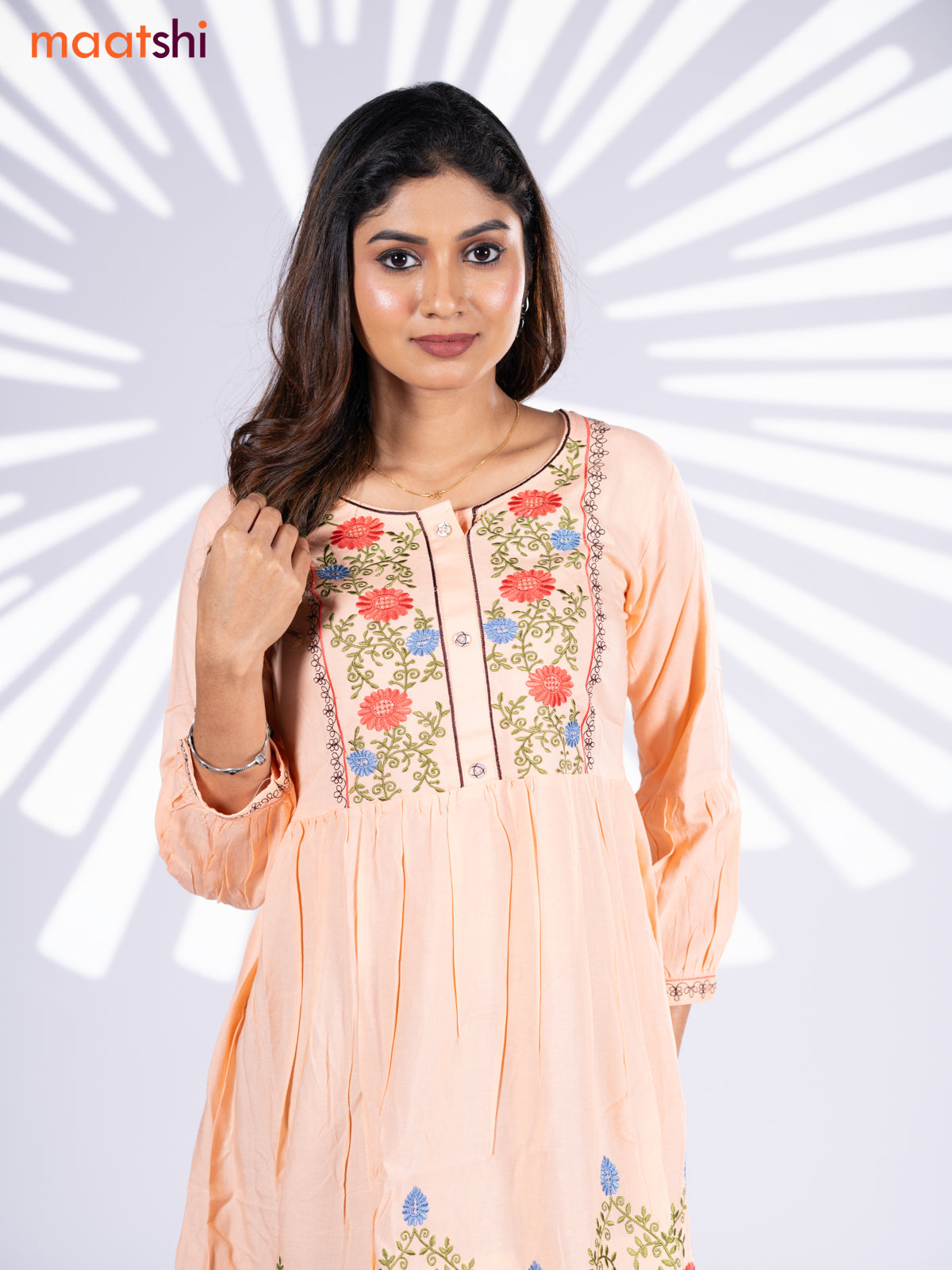 Cotton umbrella short kurti peach orange with plain body & embroidery work neck pattern and without pant