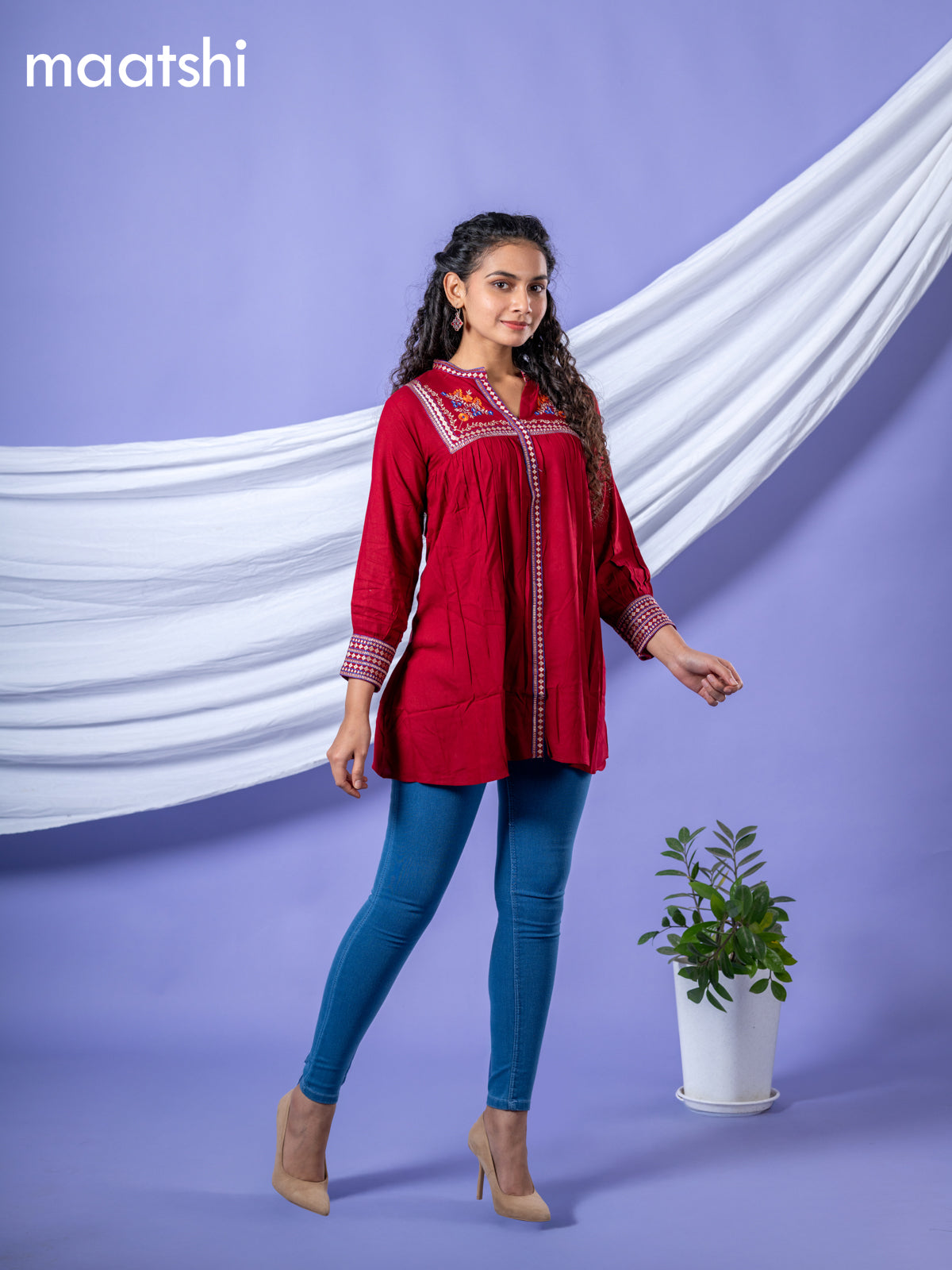 Cotton short kurti maroon with plain body & embroidery work collar neck pattern and without pant