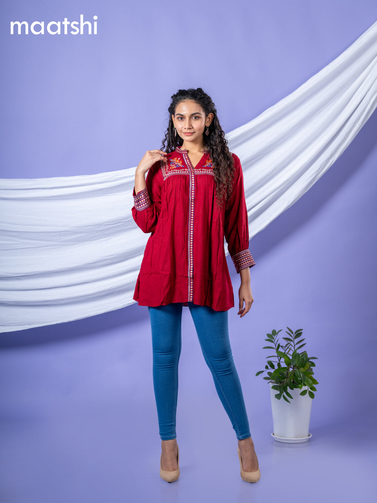 Cotton short kurti maroon with plain body & embroidery work collar neck pattern and without pant