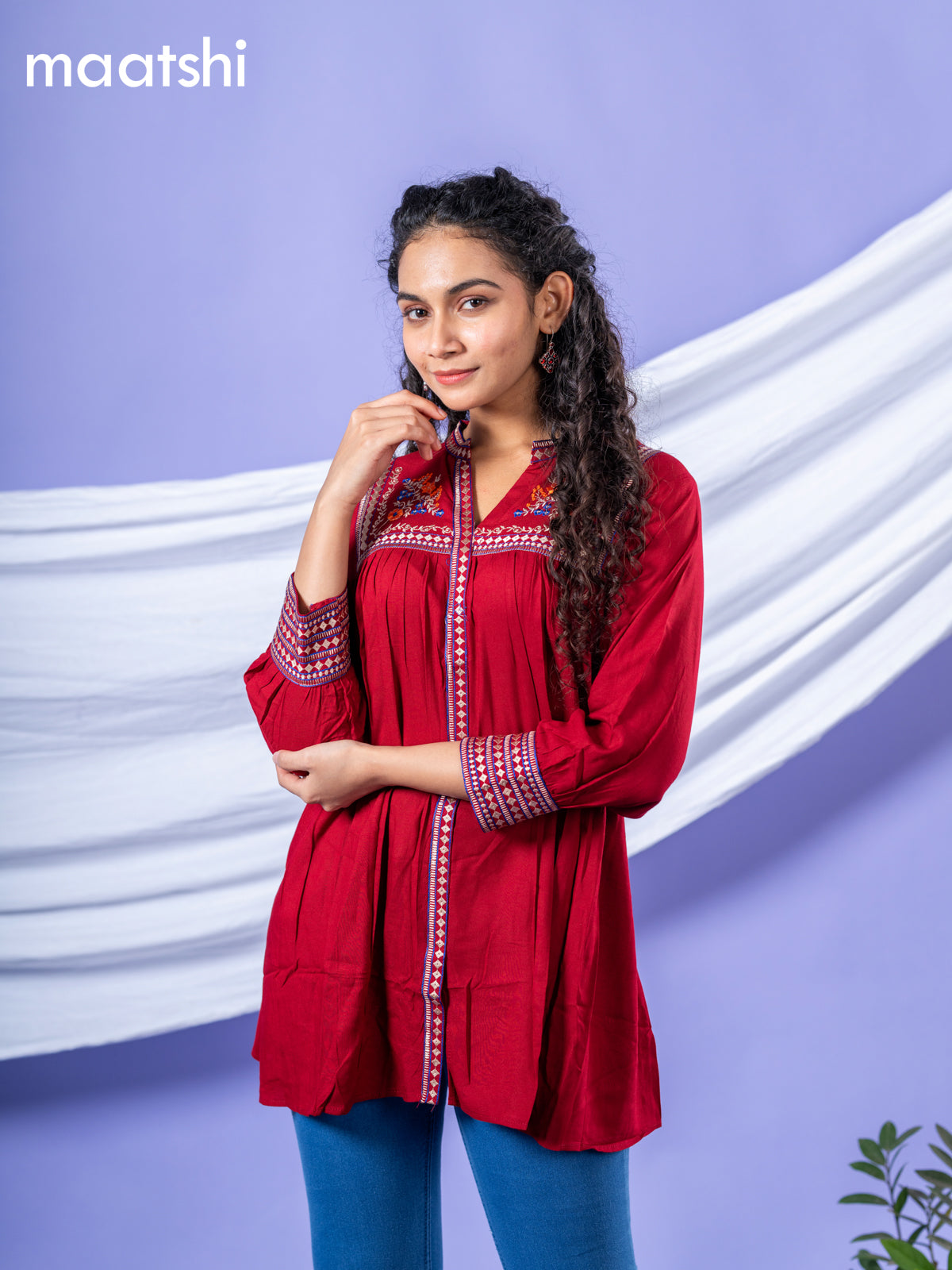 Cotton short kurti maroon with plain body & embroidery work collar neck pattern and without pant