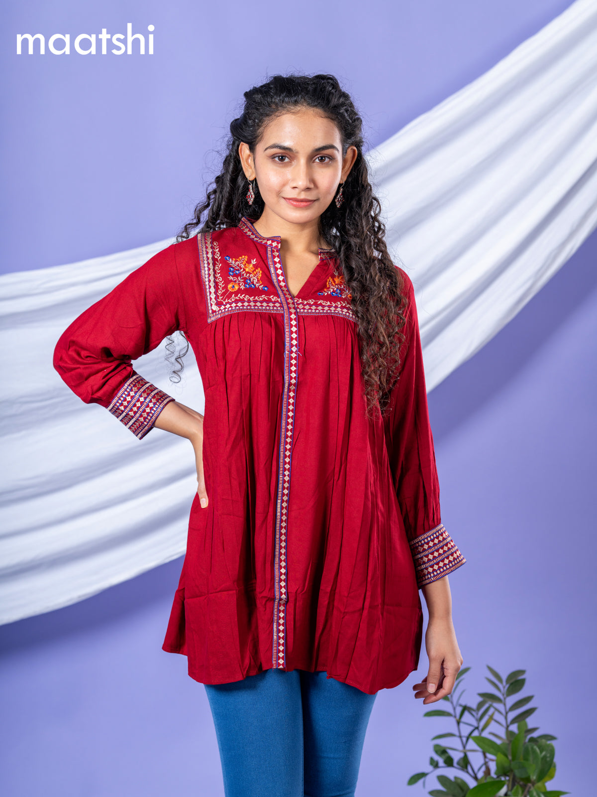 Cotton short kurti maroon with plain body & embroidery work collar neck pattern and without pant