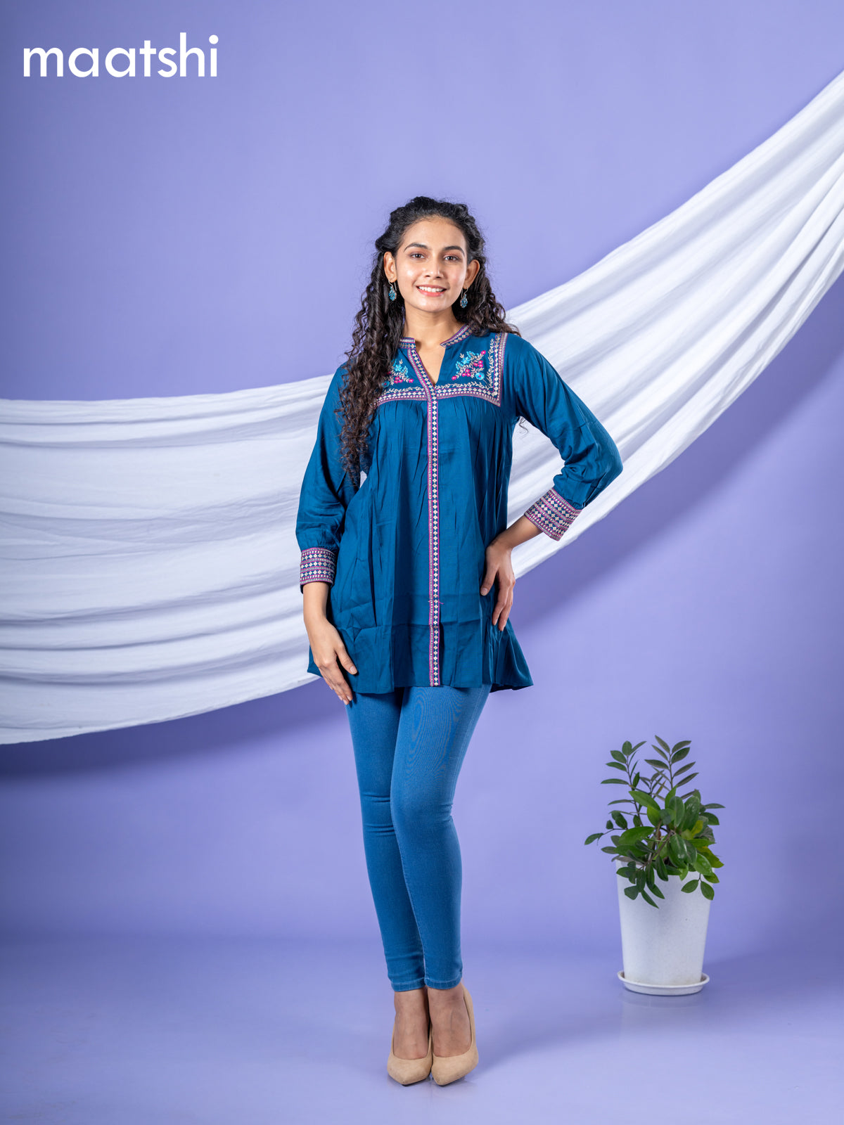 Cotton short kurti peacock blue with plain body & embroidery work collar neck pattern and without pant