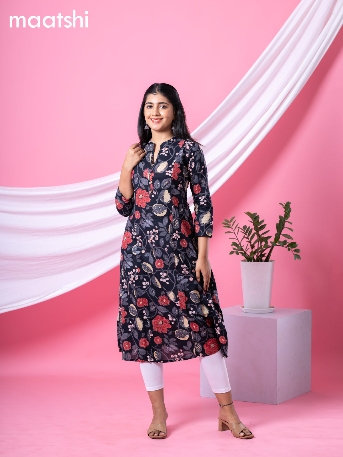 Cotton readymade A-line kurti black and multi colour with allover floral prints & collar neck pattern and without pant