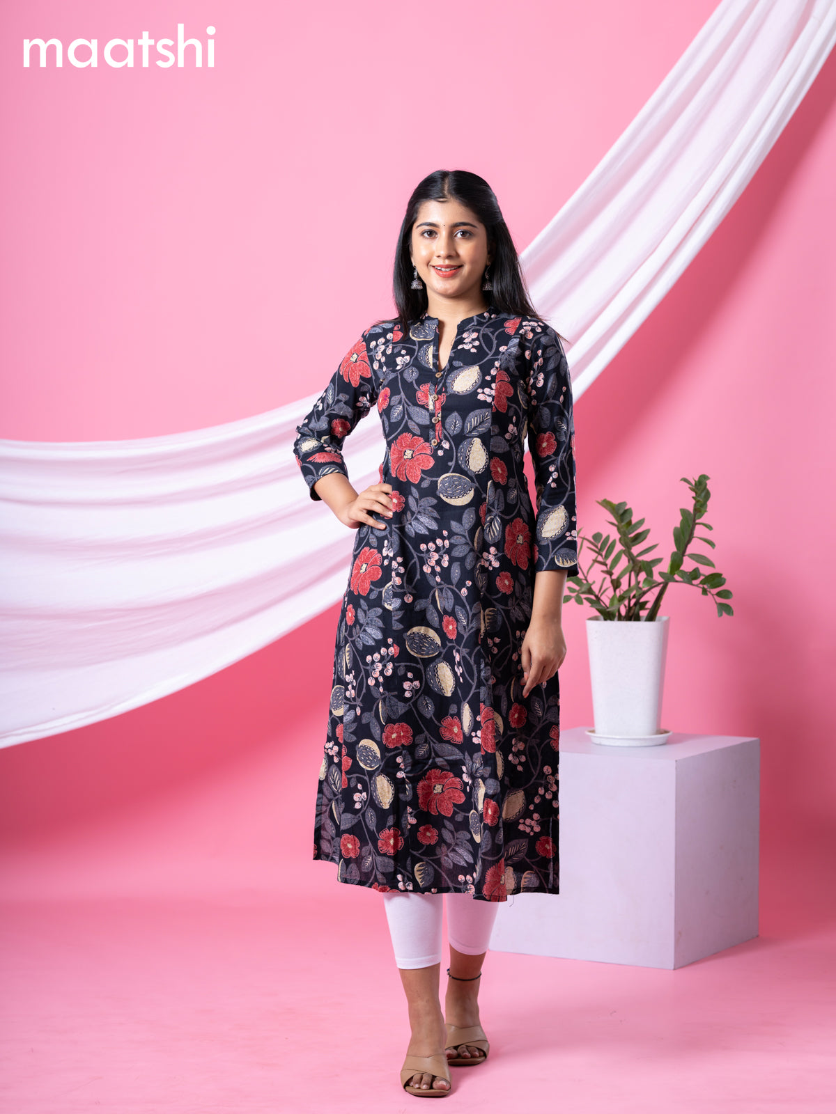 Cotton readymade A-line kurti black and multi colour with allover floral prints & collar neck pattern and without pant