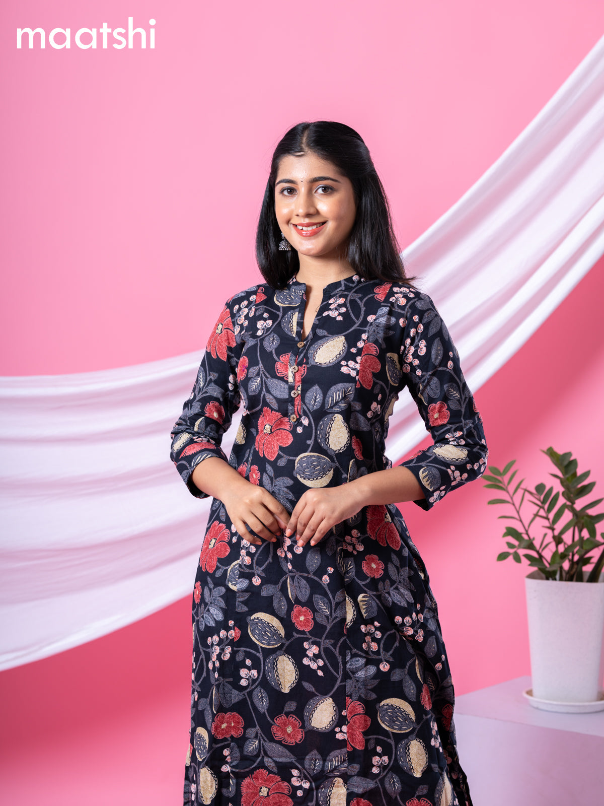 Cotton readymade A-line kurti black and multi colour with allover floral prints & collar neck pattern and without pant