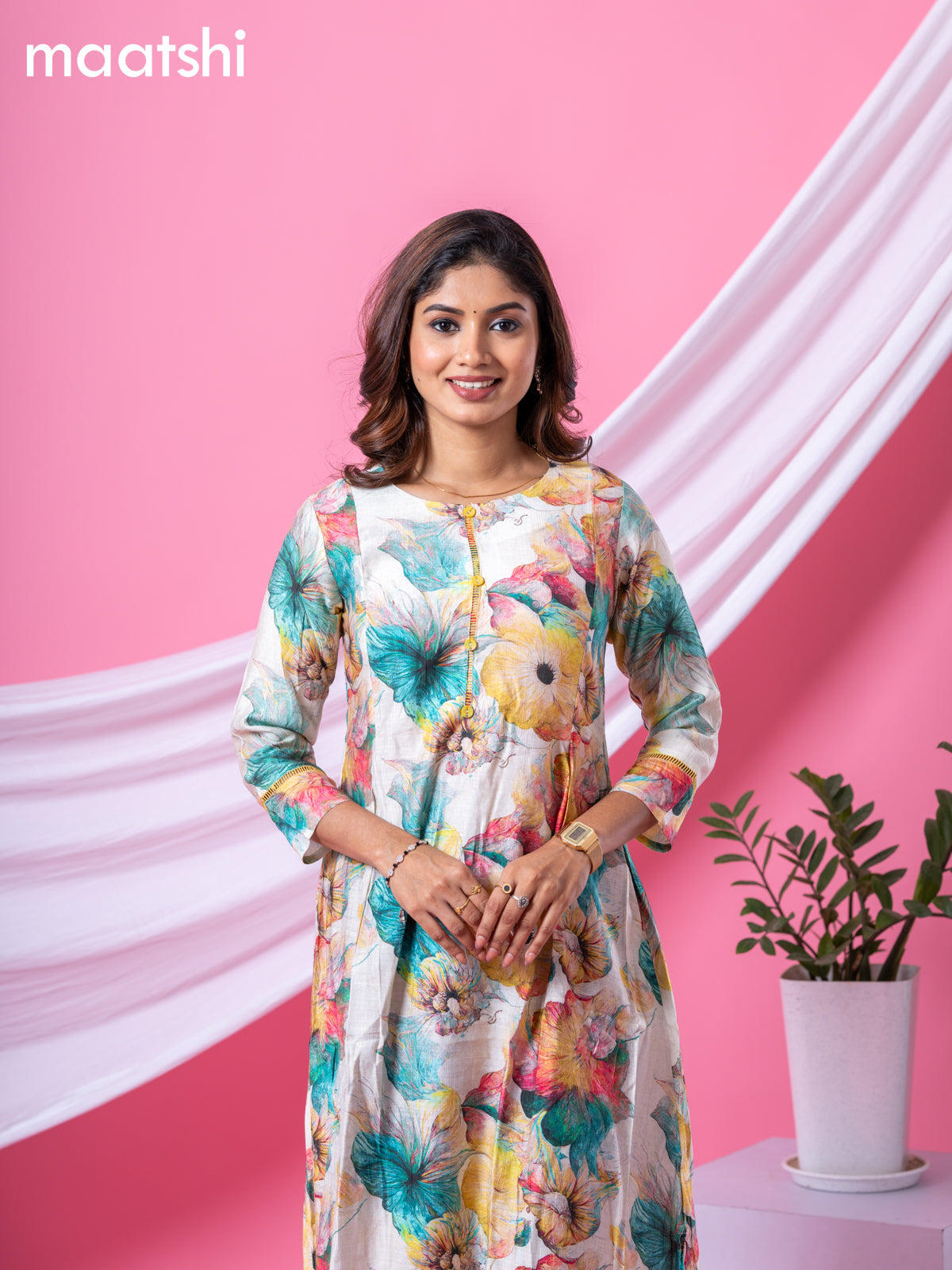 Rayon readymade A-line kurti cream and multi colour with allover floral prints & simple neck pattern and without pant