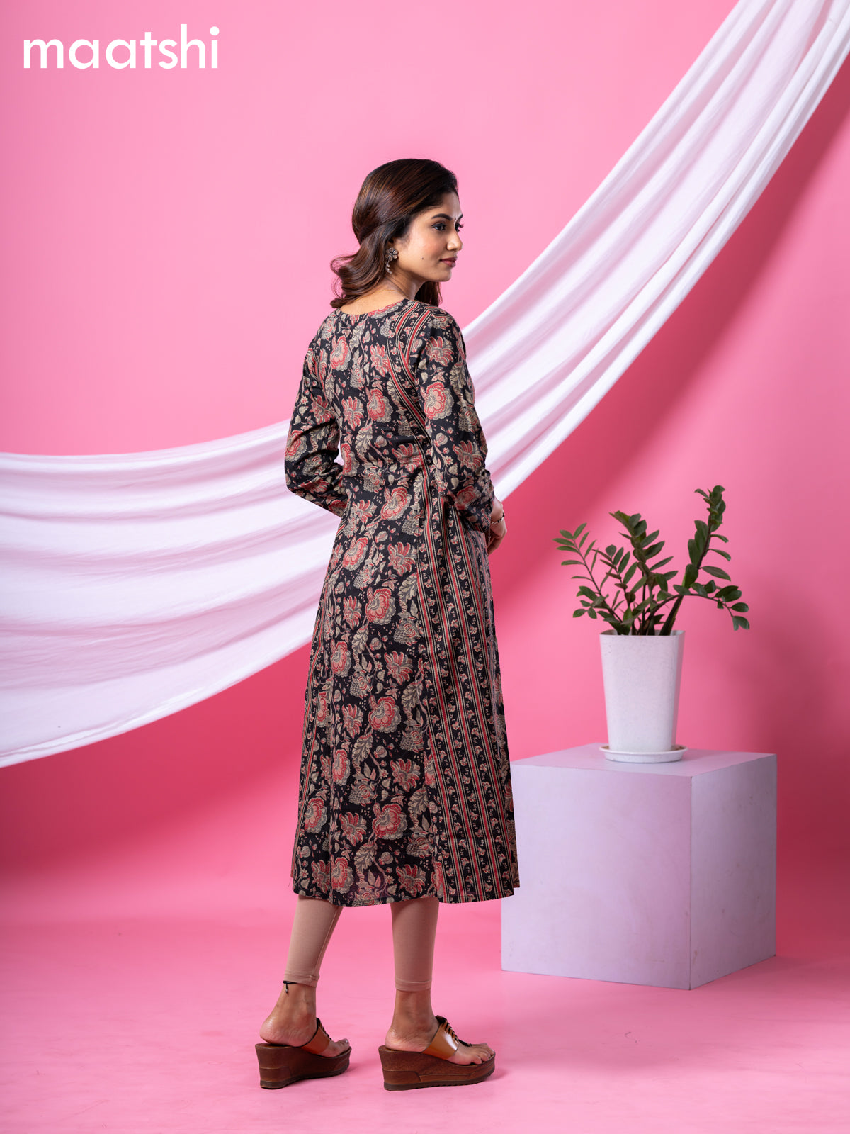 Cotton readymade A-line kurti black and beige with allover kalamkari prints & simple neck pattern and without pant