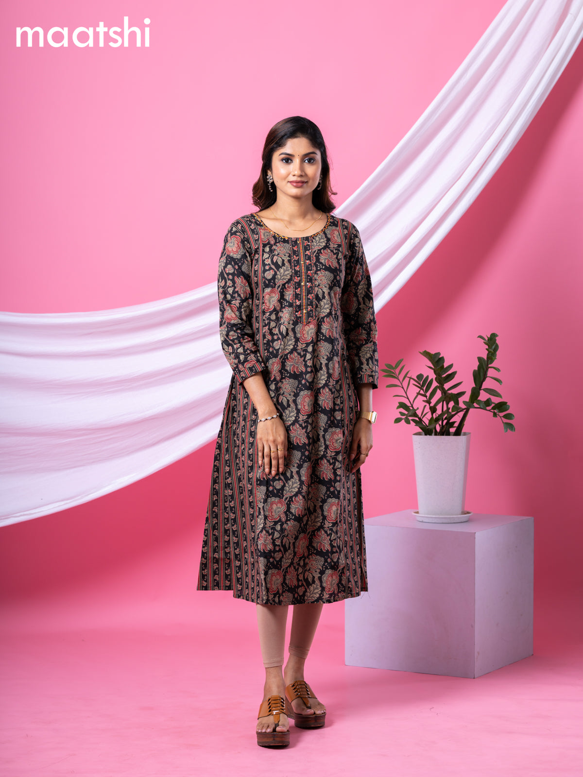 Cotton readymade A-line kurti black and beige with allover kalamkari prints & simple neck pattern and without pant