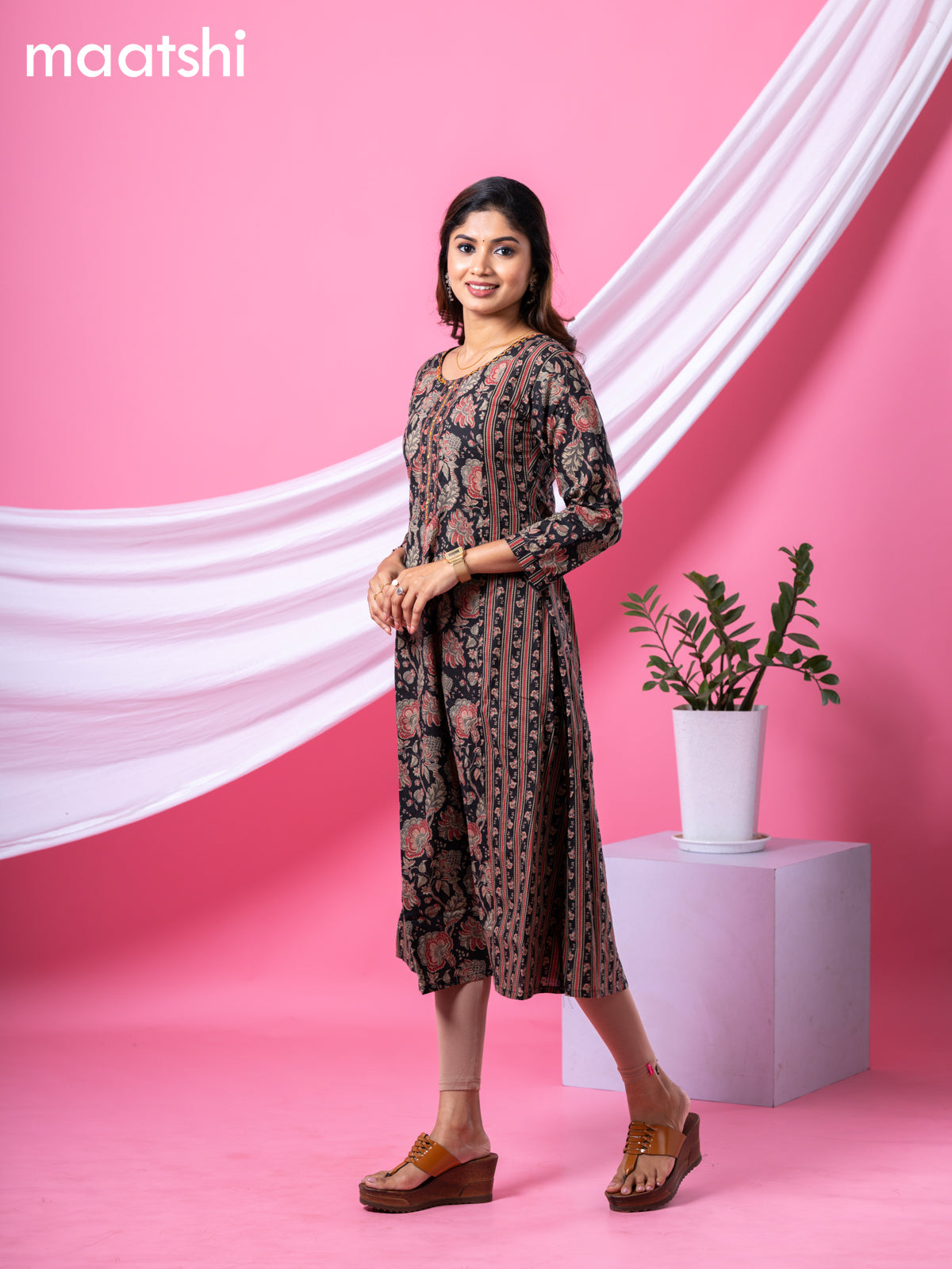 Cotton readymade A-line kurti black and beige with allover kalamkari prints & simple neck pattern and without pant