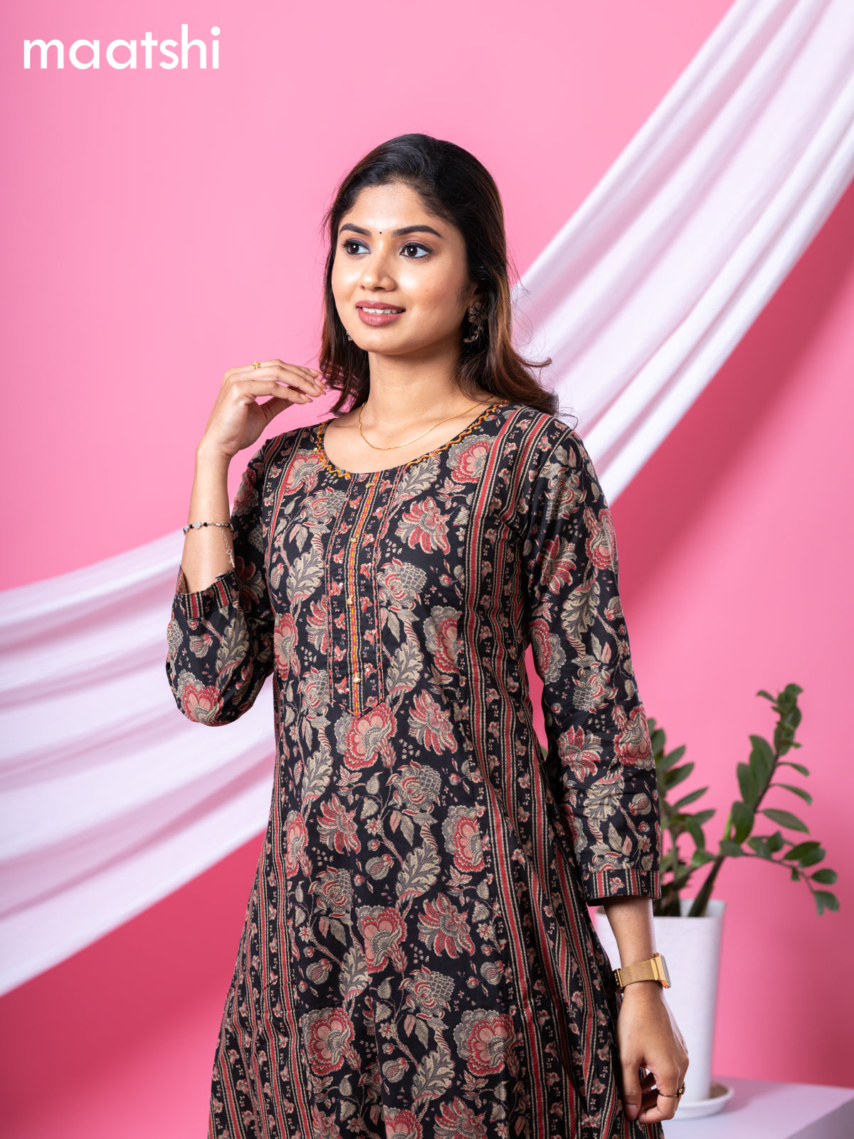 Cotton readymade A-line kurti black and beige with allover kalamkari prints & simple neck pattern and without pant