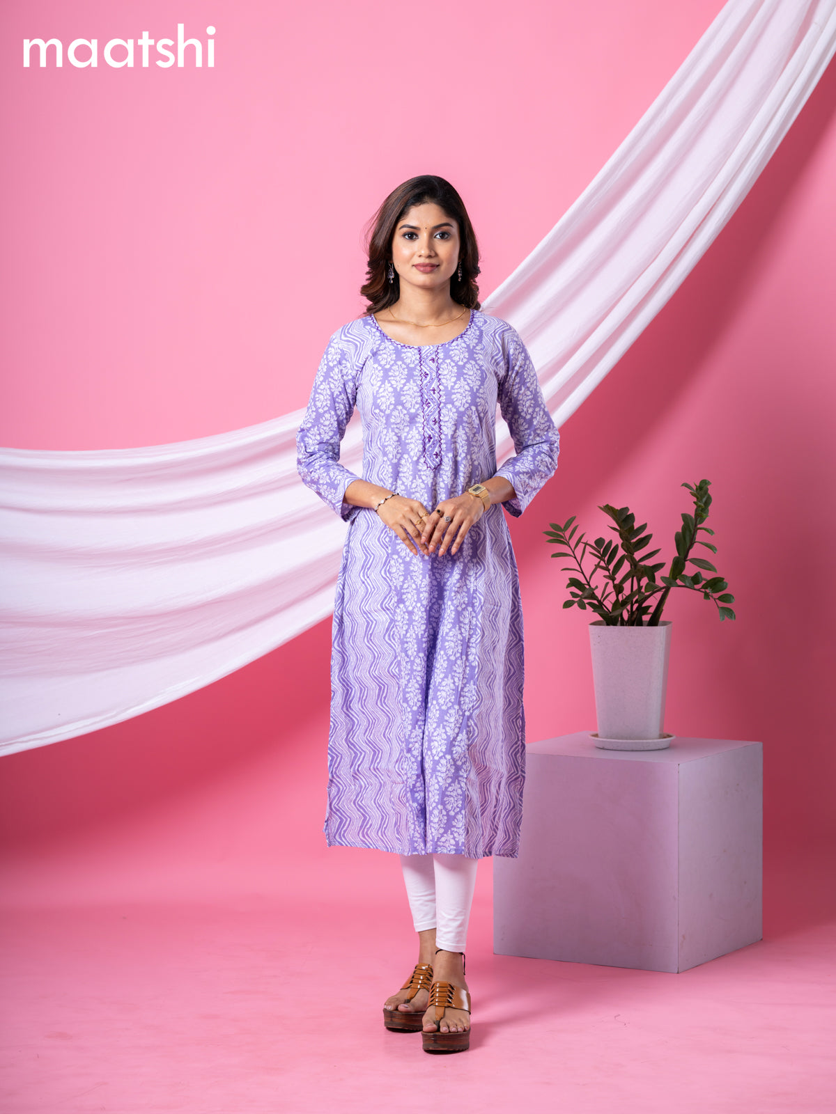 Cotton readymade A-line kurti lavender and off white with allover floral buttas & embroidery sequin work neck pattern and without pant
