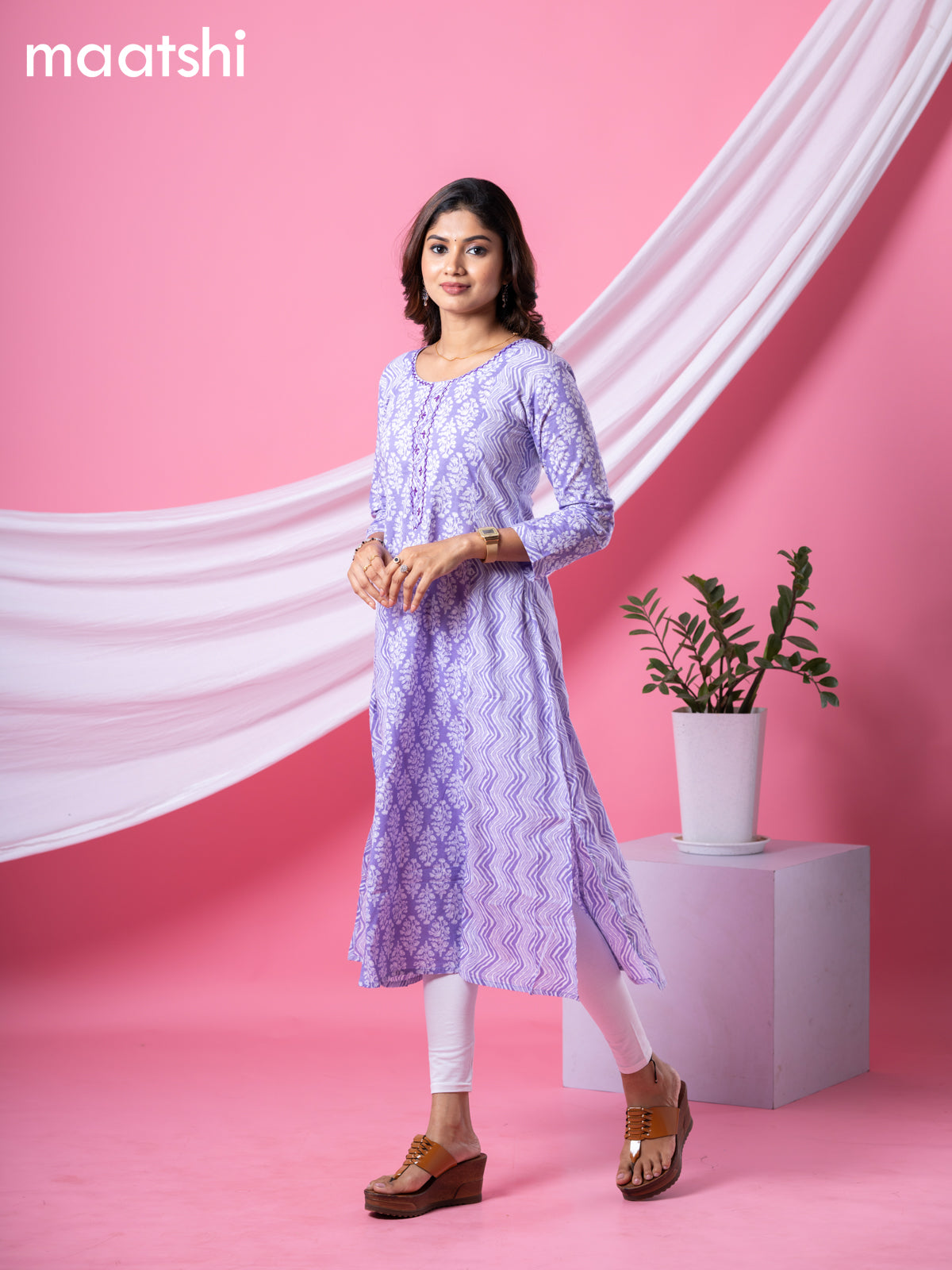 Cotton readymade A-line kurti lavender and off white with allover floral buttas & embroidery sequin work neck pattern and without pant