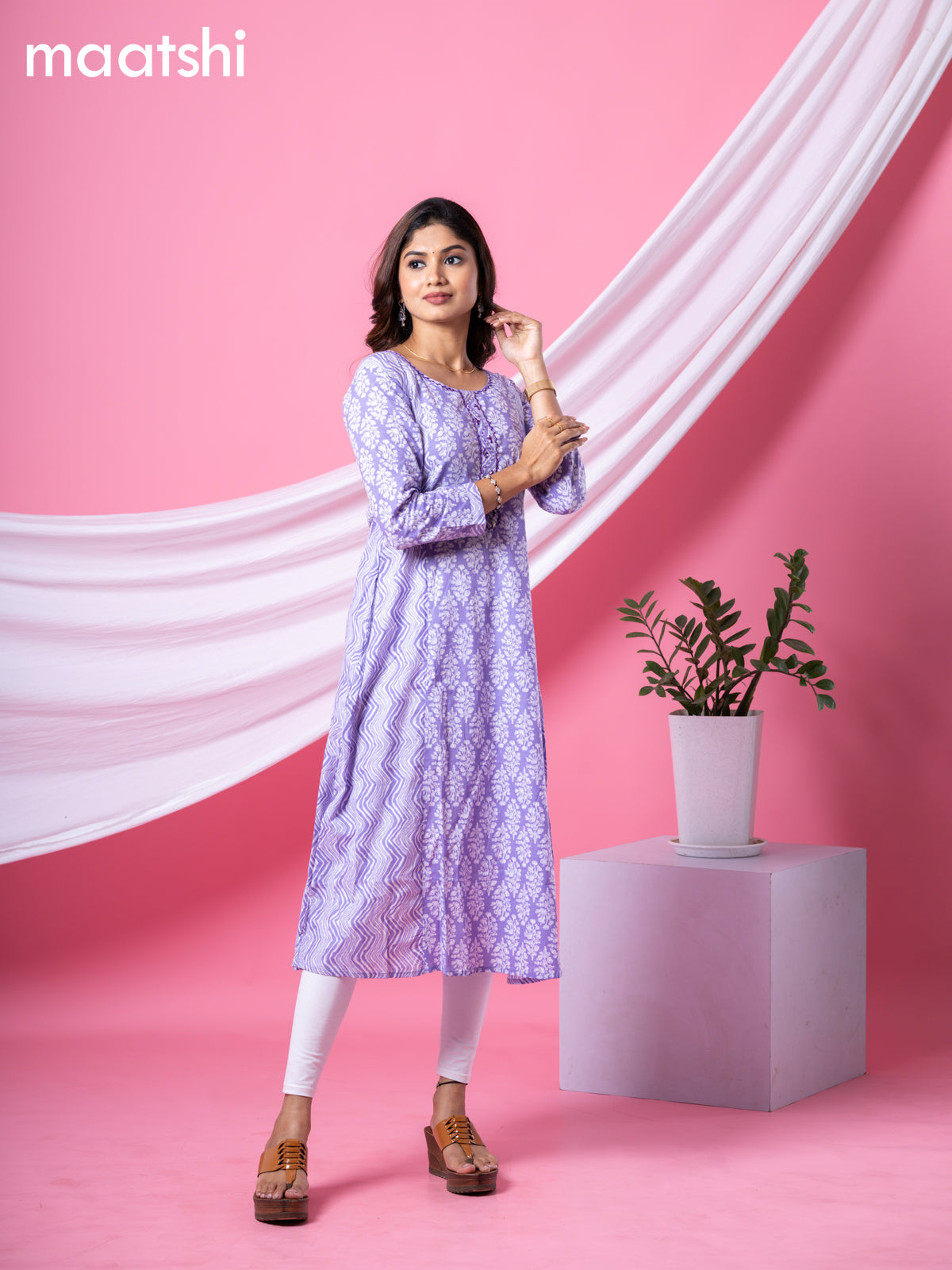 Cotton readymade A-line kurti lavender and off white with allover floral buttas & embroidery sequin work neck pattern and without pant