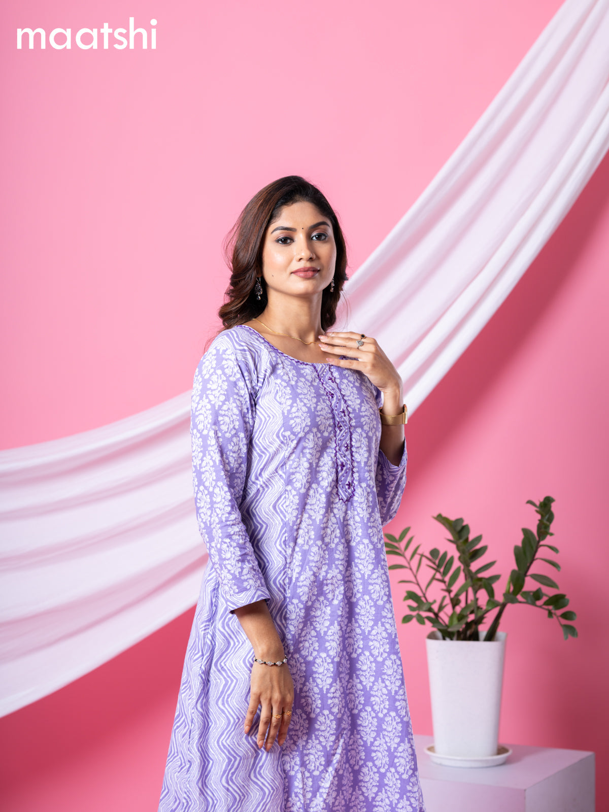 Cotton readymade A-line kurti lavender and off white with allover floral buttas & embroidery sequin work neck pattern and without pant