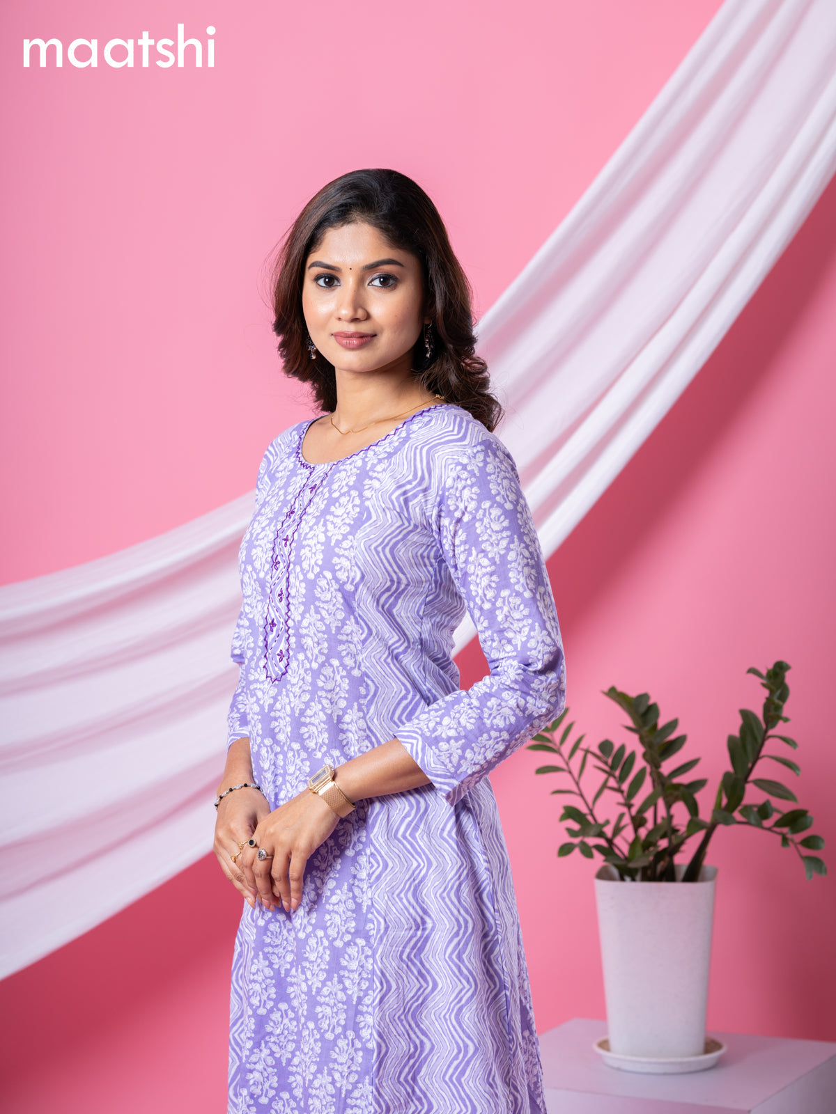 Cotton readymade A-line kurti lavender and off white with allover floral buttas & embroidery sequin work neck pattern and without pant