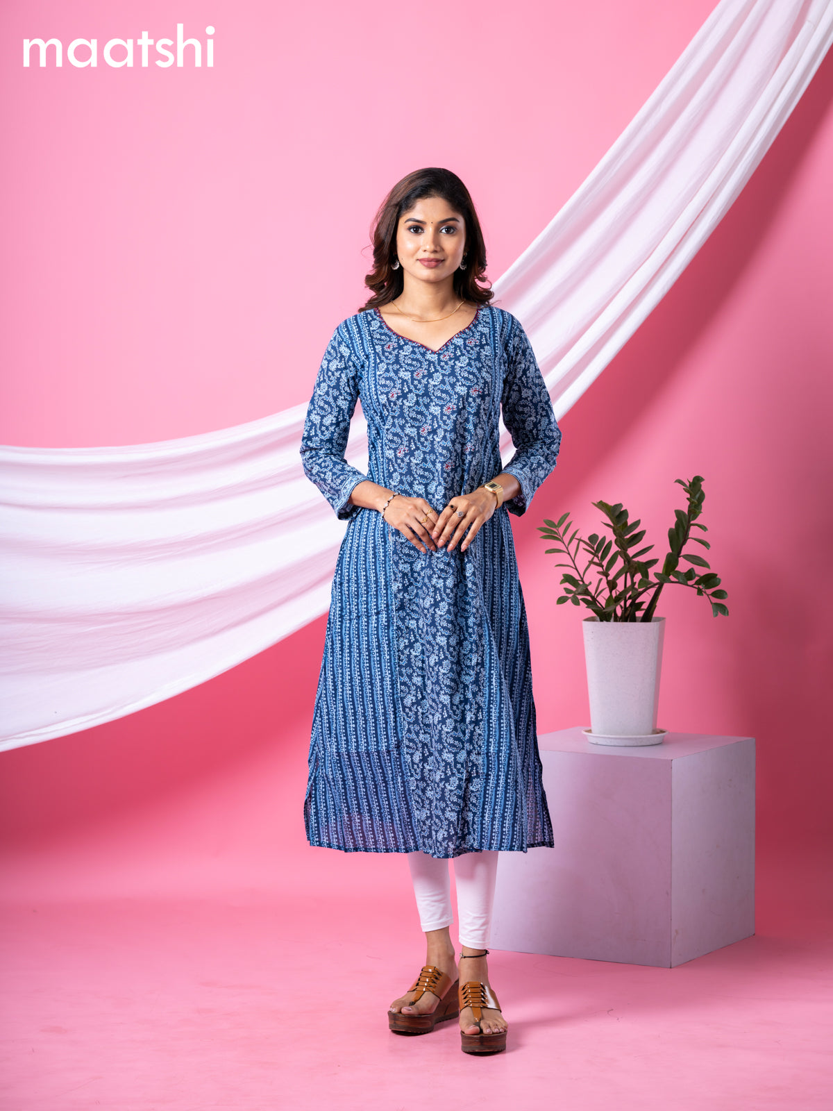 Cotton readymade A-line kurti navy blue and light blue woth allover prints & embroidery sequin work neck pattern and without pant