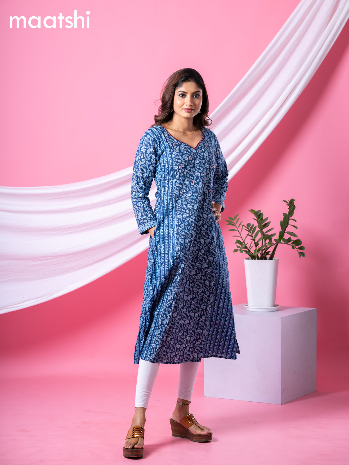 Cotton readymade A-line kurti navy blue and light blue woth allover prints & embroidery sequin work neck pattern and without pant
