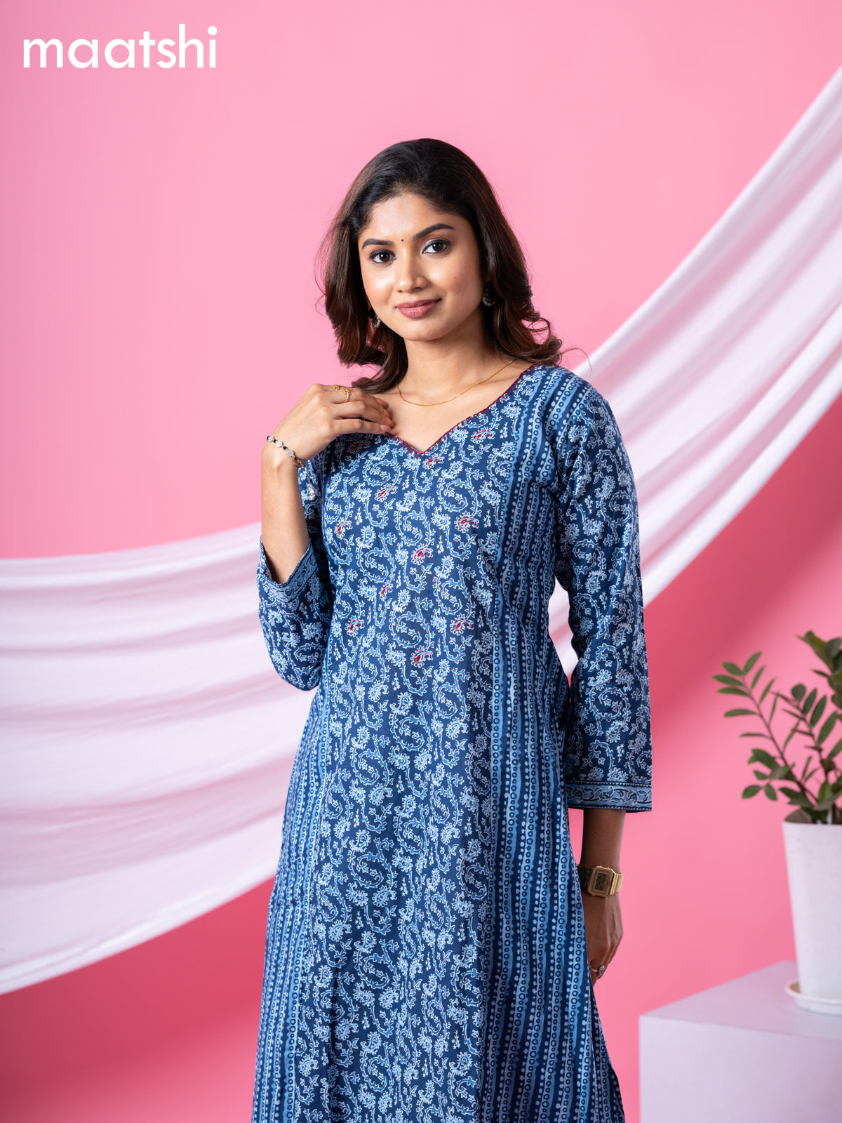 Cotton readymade A-line kurti navy blue and light blue woth allover prints & embroidery sequin work neck pattern and without pant