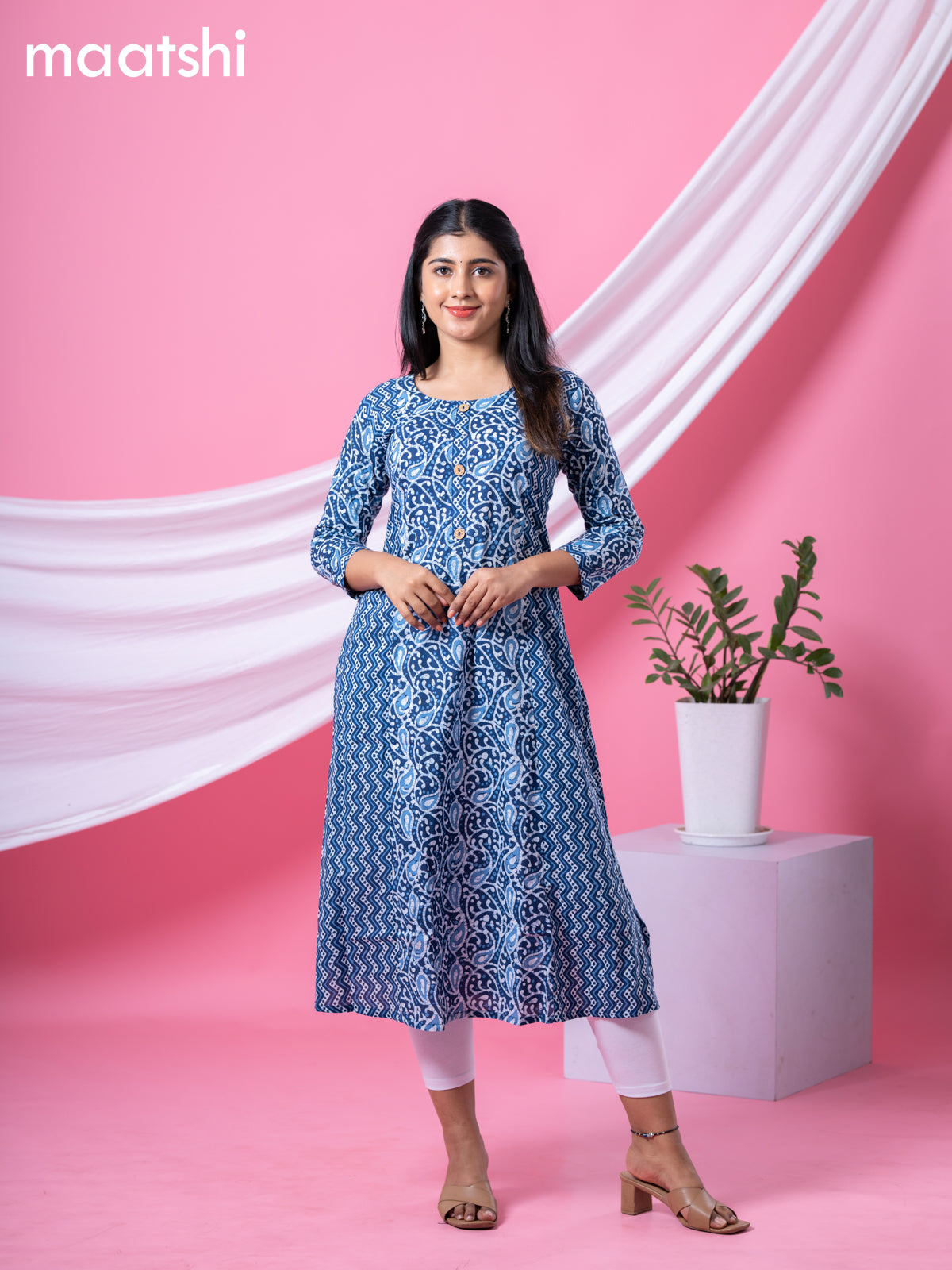Cotton readymade A-line kurti navy blue and off white with allover batik prints & simple neck pattern and without pant