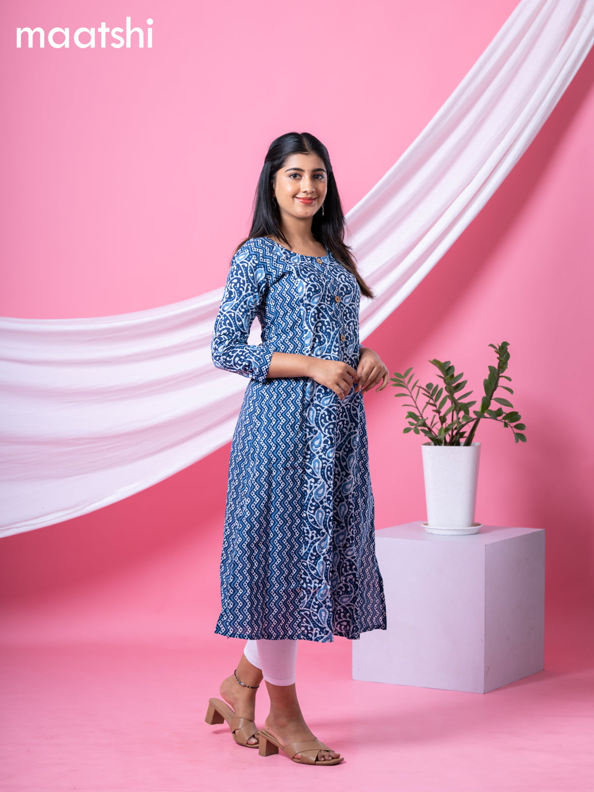 Cotton readymade A-line kurti navy blue and off white with allover batik prints & simple neck pattern and without pant