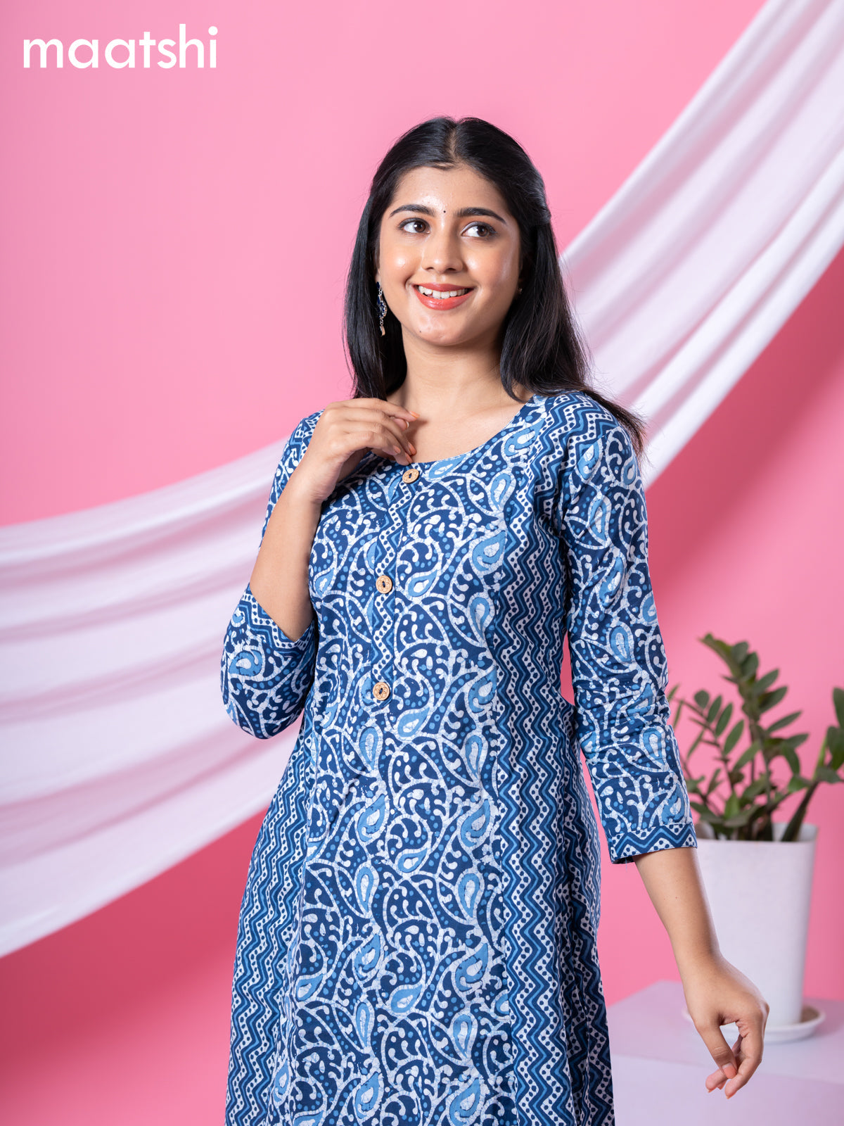 Cotton readymade A-line kurti navy blue and off white with allover batik prints & simple neck pattern and without pant