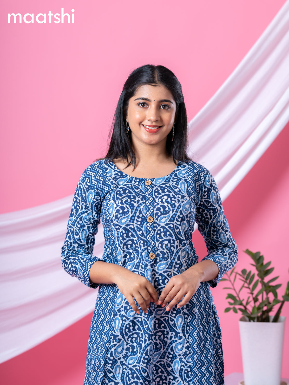 Cotton readymade A-line kurti navy blue and off white with allover batik prints & simple neck pattern and without pant