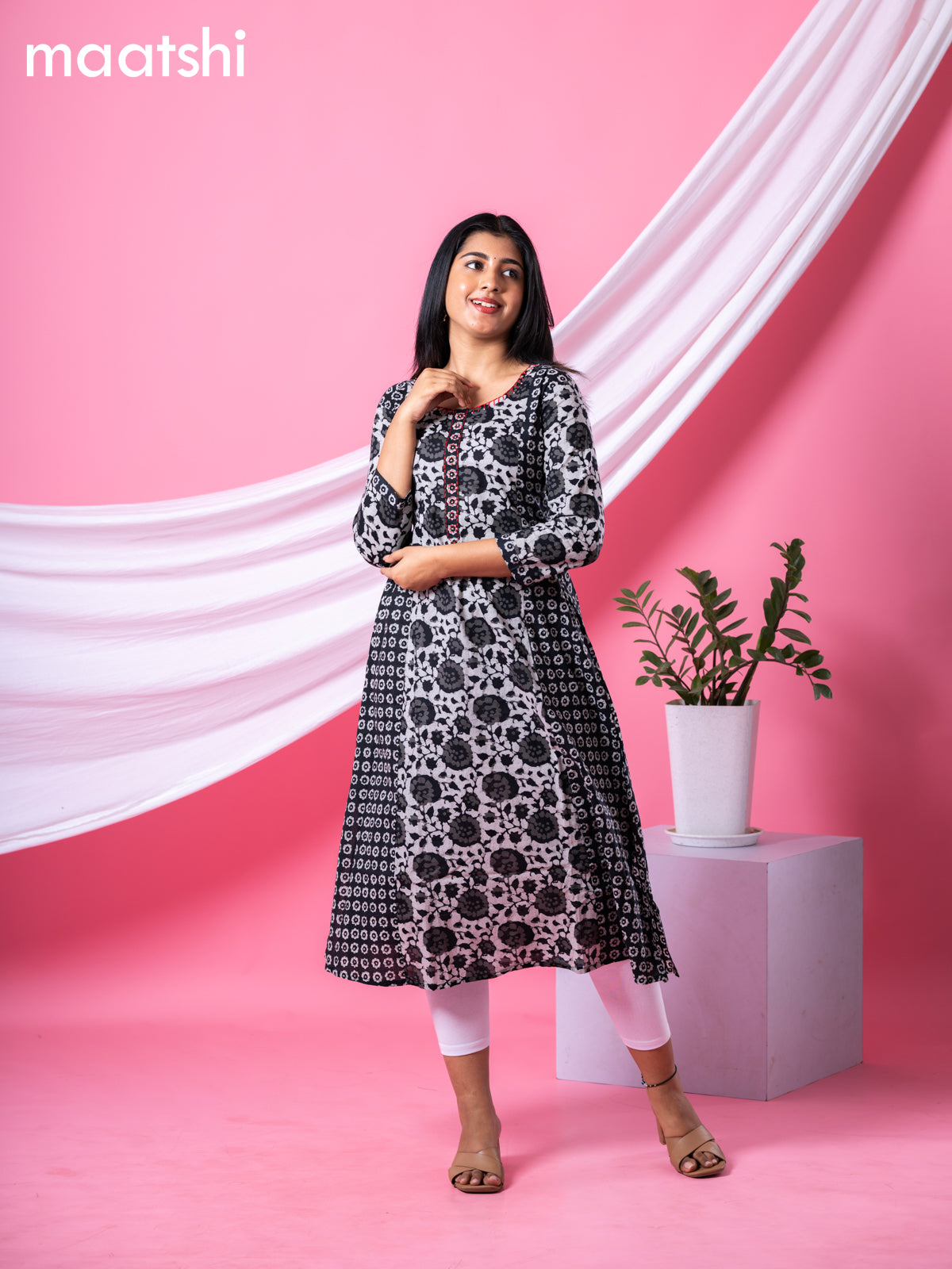 Cotton readymade A-line kurti grey and black with allover batik prints & embroidery work neck pattern and without pant